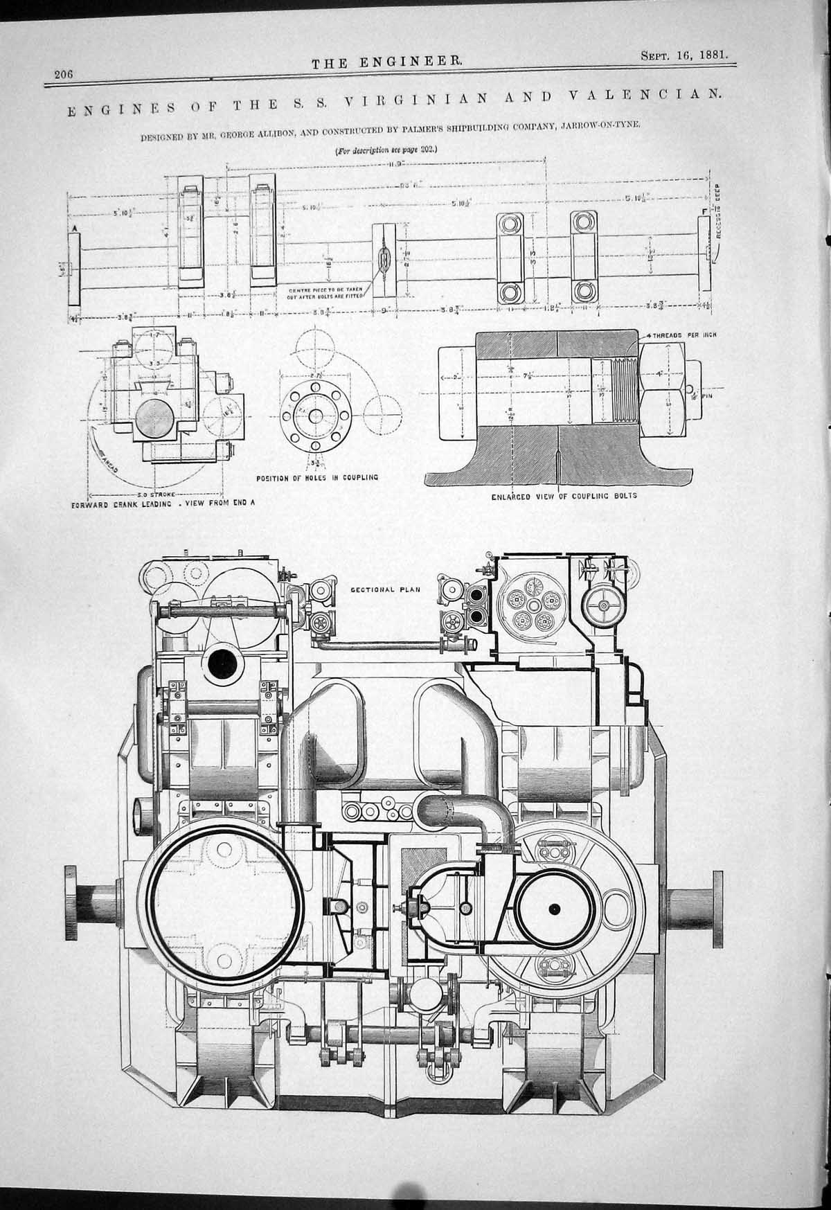 Old *6024 1881 Engines S.S. Ship Virginian Valencian George Allibon P