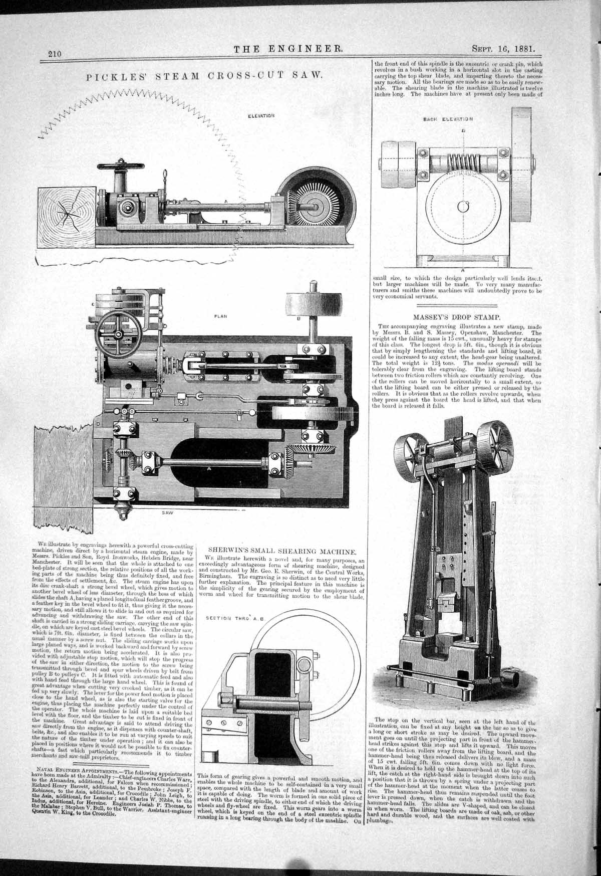 Antique Old Print 1881 Pickles Steam Cross-Cut Saw Sherwin Massey Drop Stamp
