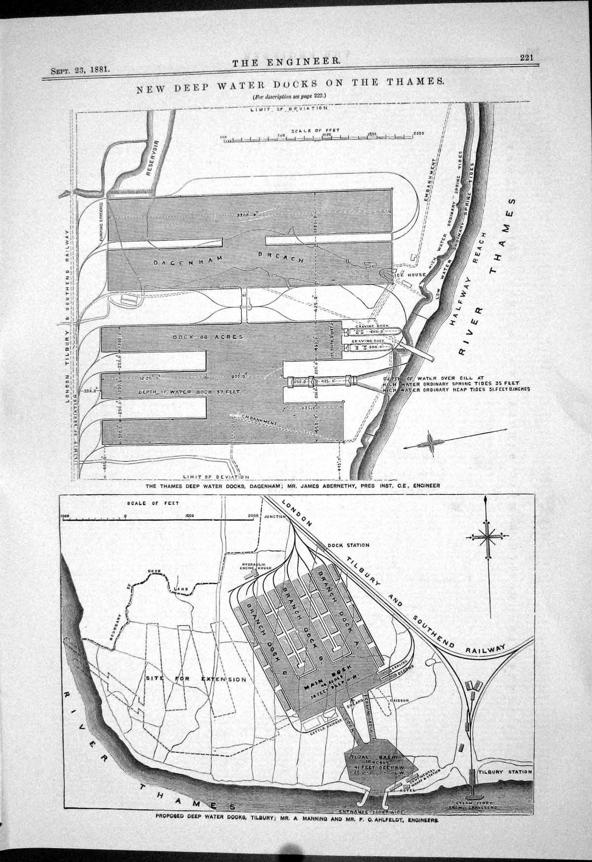 Antique Old Print 1881 Deep Water Docks River Thames Plan Dagenham Abernethy
