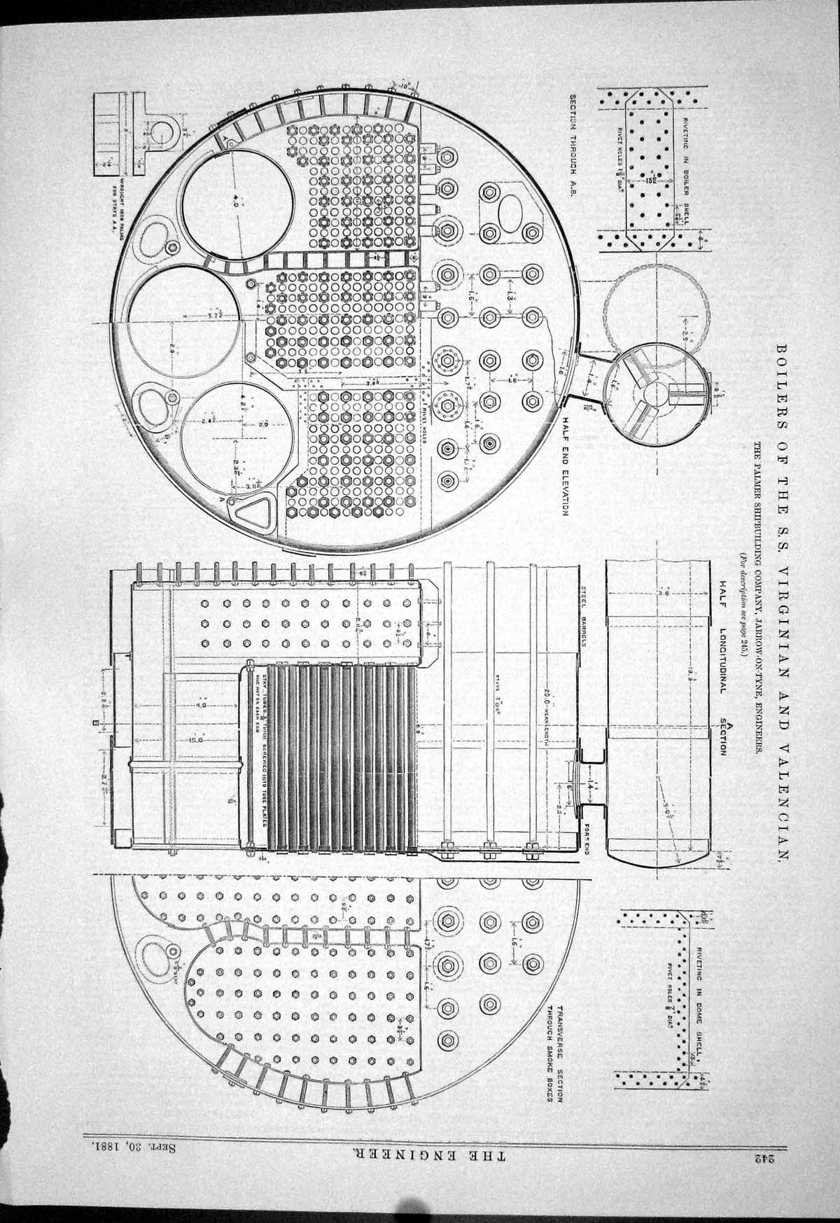 Antique Old Print Diagrams Boilers S.S. Ship Virginian Valencian Palmer 1881