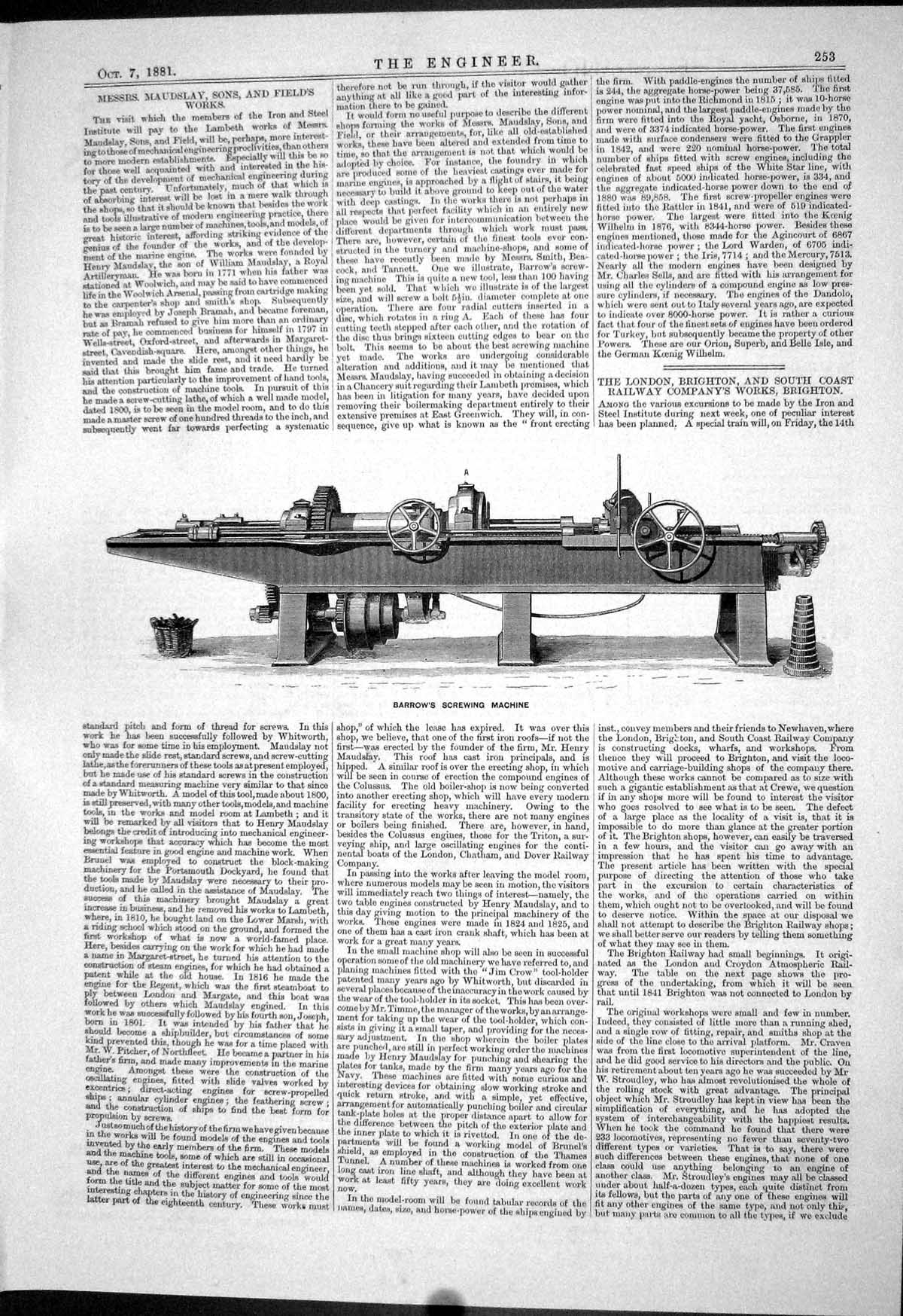 Old Engineering 1881 Barrow Screwing Machine Chart London Railway Sys Victorian
