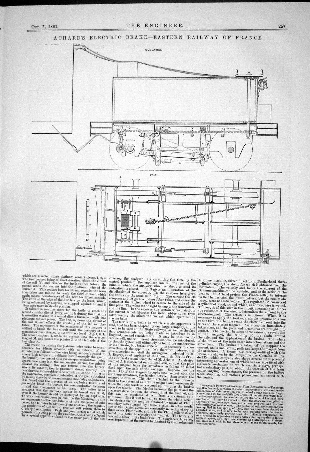 Old Engineering 1881 Achard Electric Brake Eastern Railway Train Fran Victorian