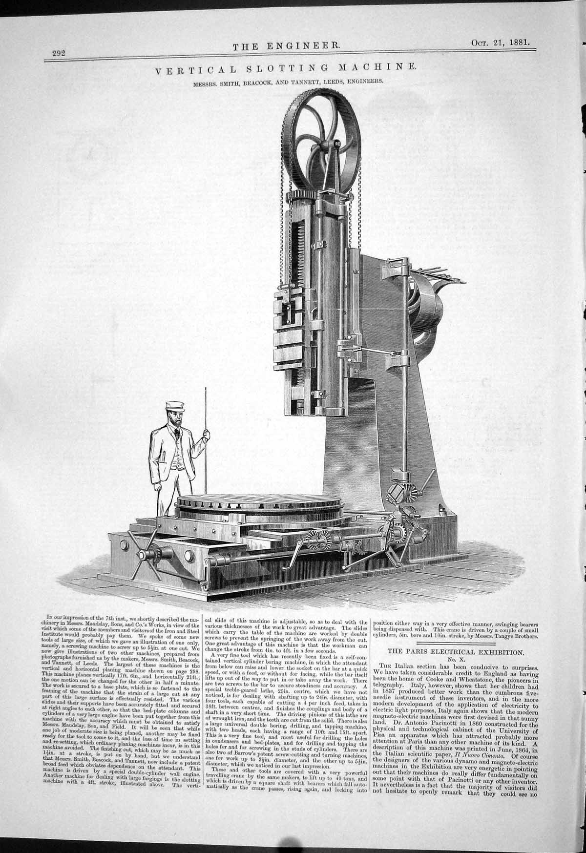 Antique Old Print 1881 Vertical Slotting Machine Smith Beacock Tannett Leeds
