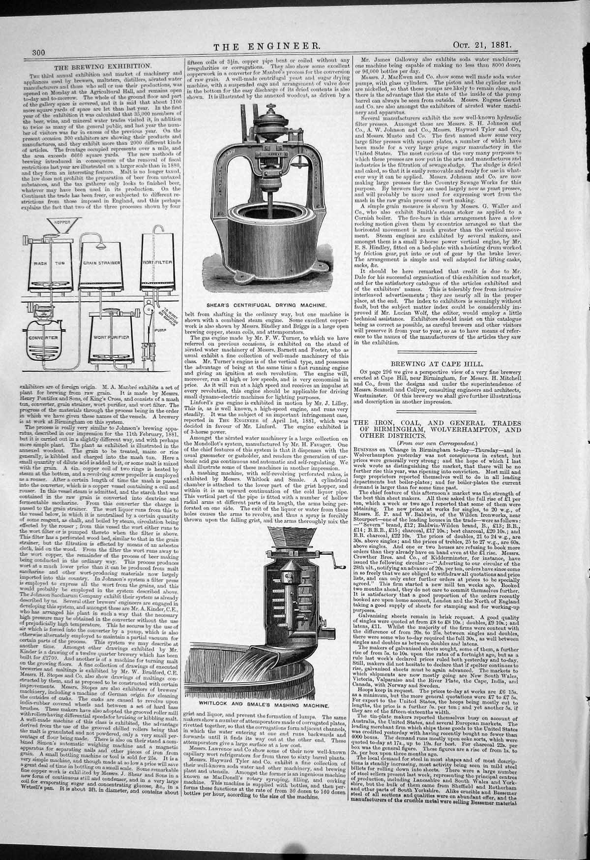 Antique Old Print 1881 Brewing Exhibition Shear Drying Machine Whitlock Smale
