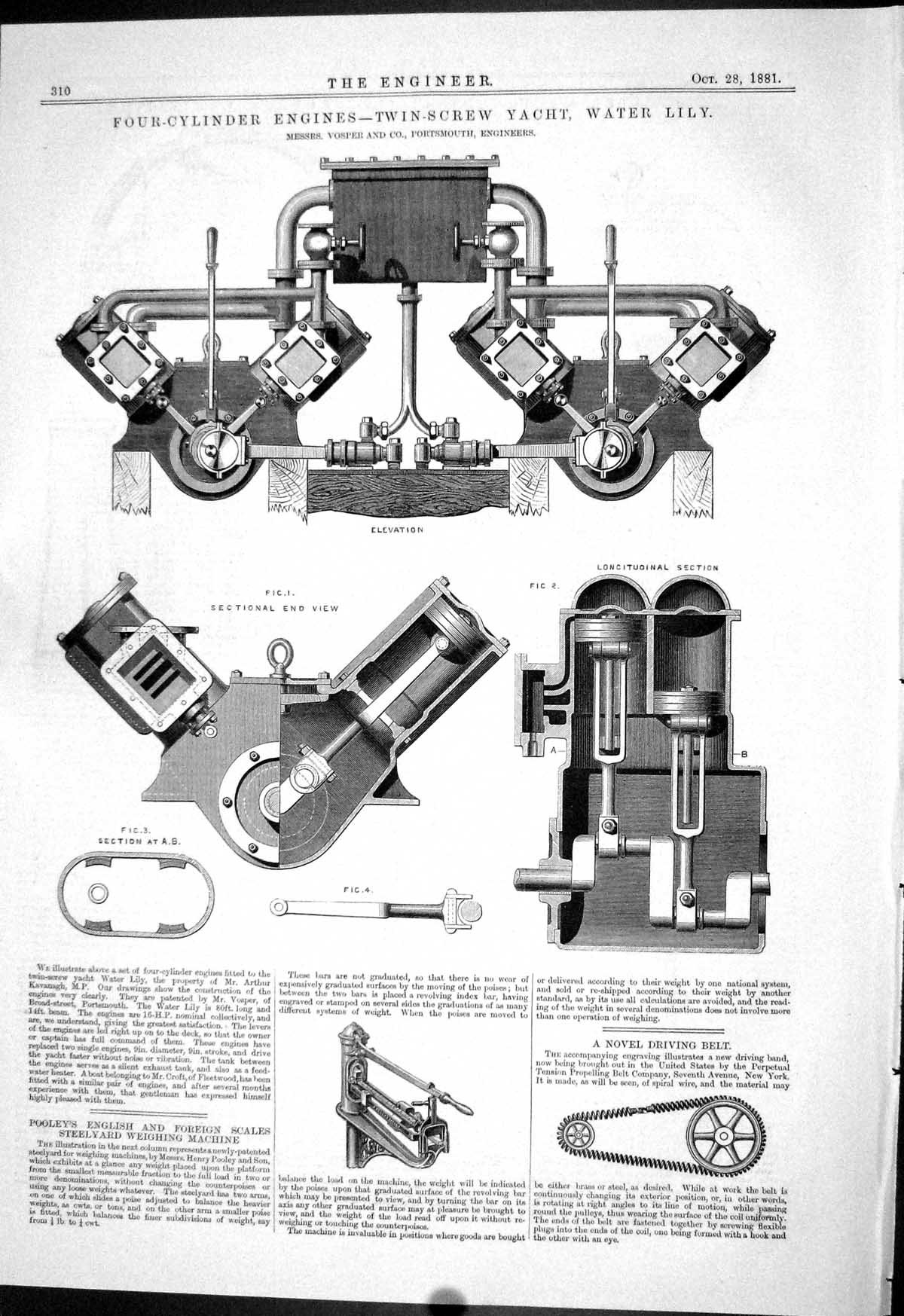 Old Print Four-Cylinder Engines Twin-Screw Yacht Water Lilly 1881 Vosper 19th
