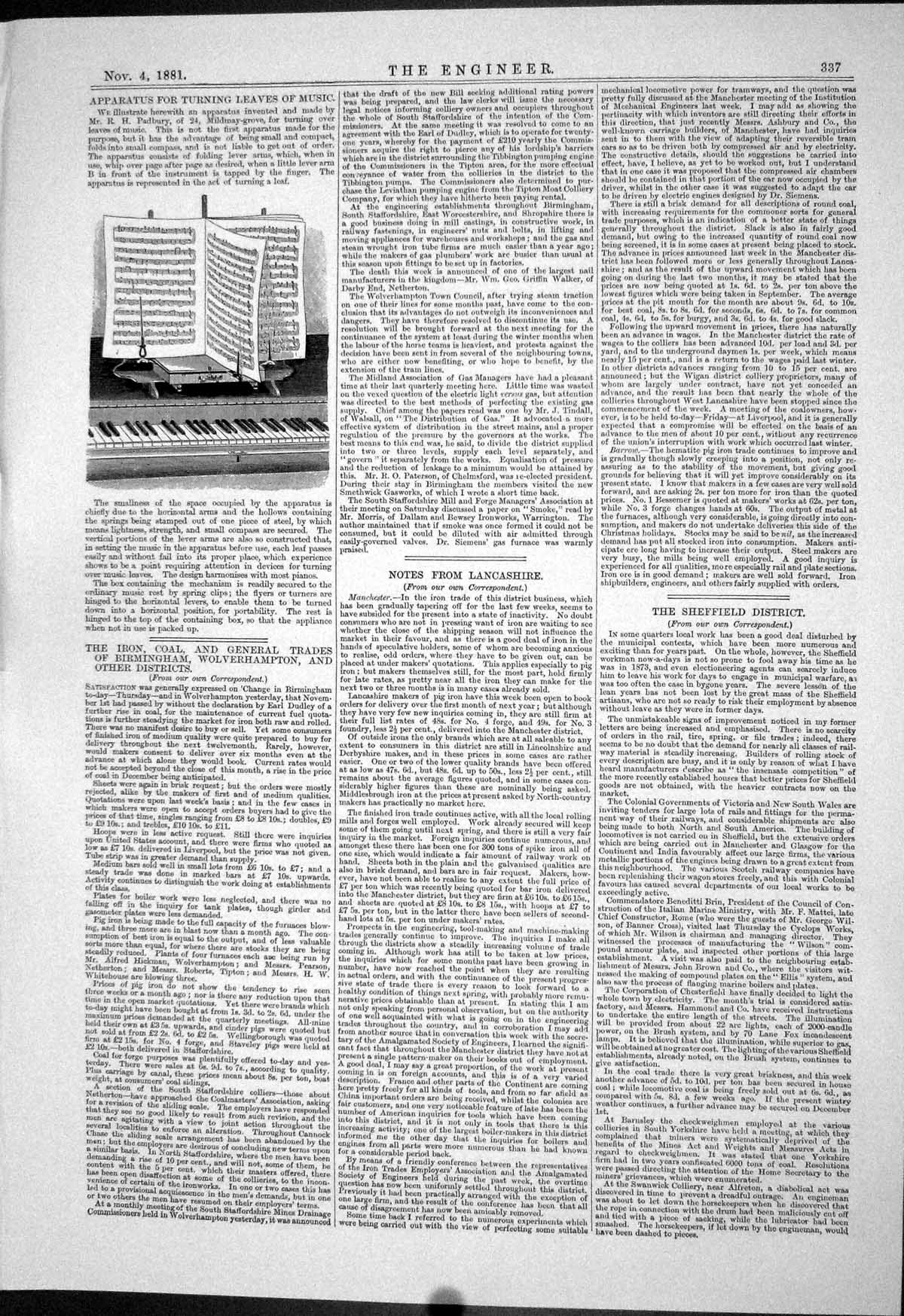 Antique Print Apparatus Turning Leaves Music Padbury Piano Engineering 1881