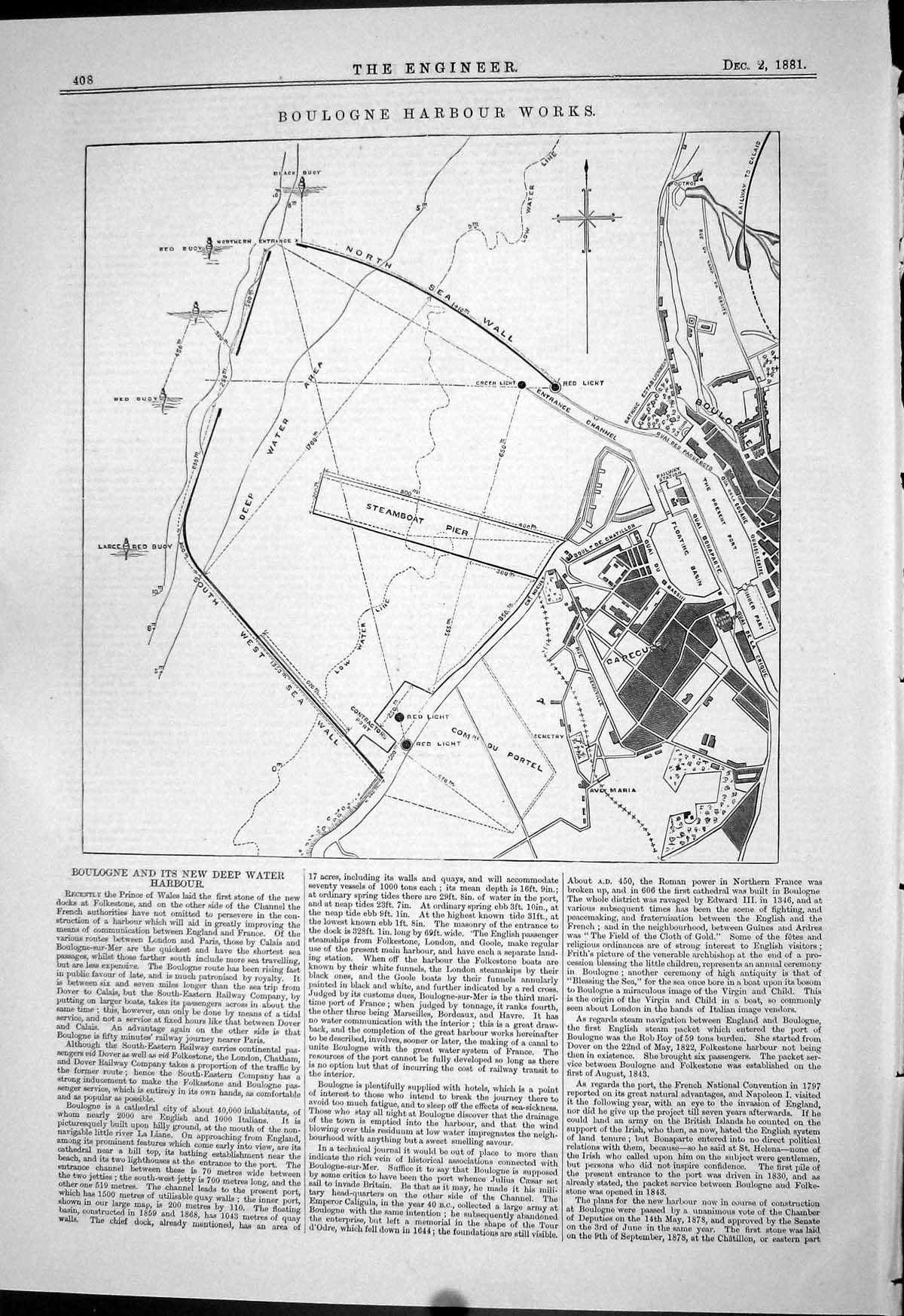 Antique Old Print 1881 Plan Boulogne Deep Water Harbour Works Steamboat Pier