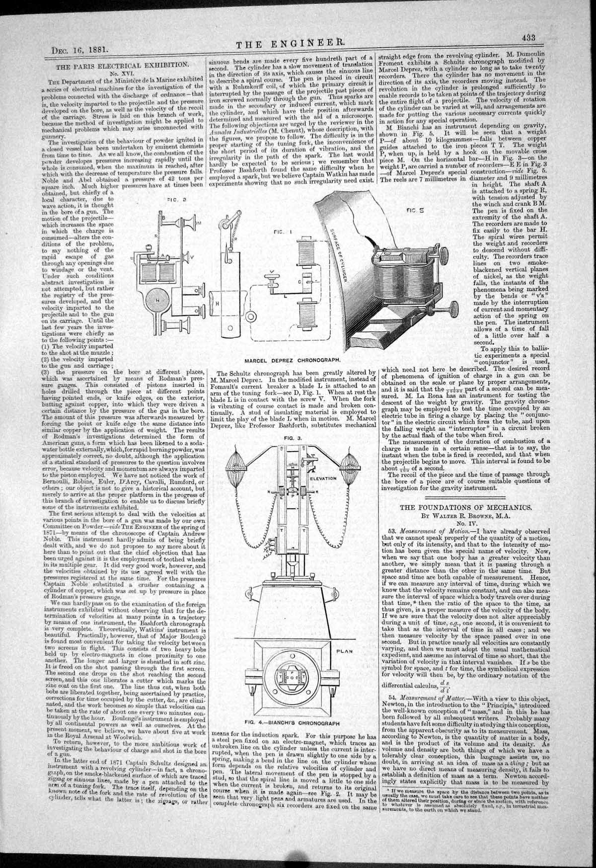 Old Print 1881 Marcel Deprez Chronograph Bianchi Electricity Instruments 19th