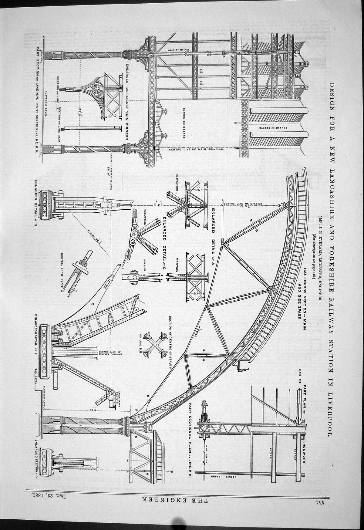 Antique Old Print Lancashire Yorkshire Railway Station Liverpool Everard 1881