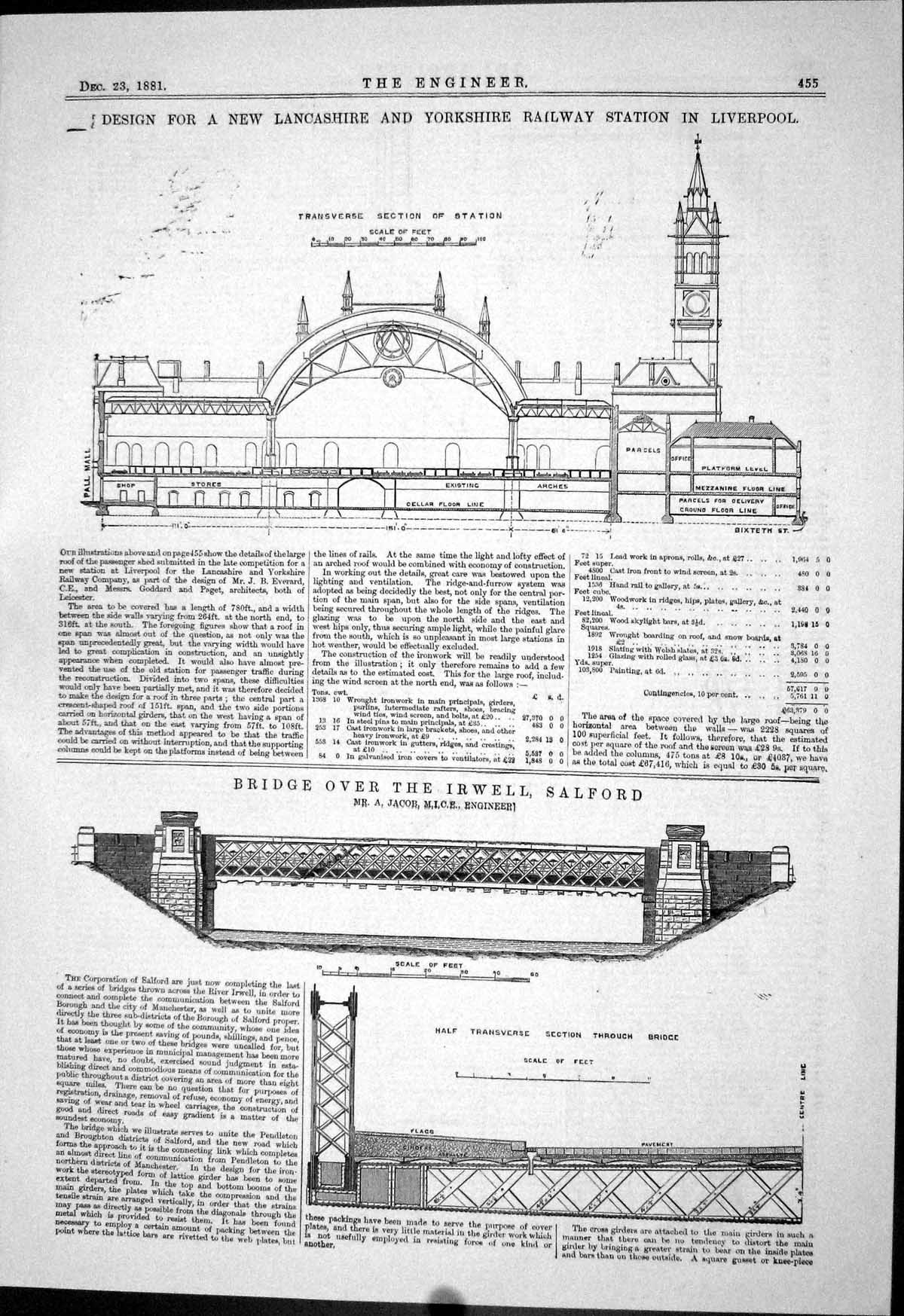 Antique Print 1881 Lancashire Railway Station Liverpool Bridge Irwell Jacob