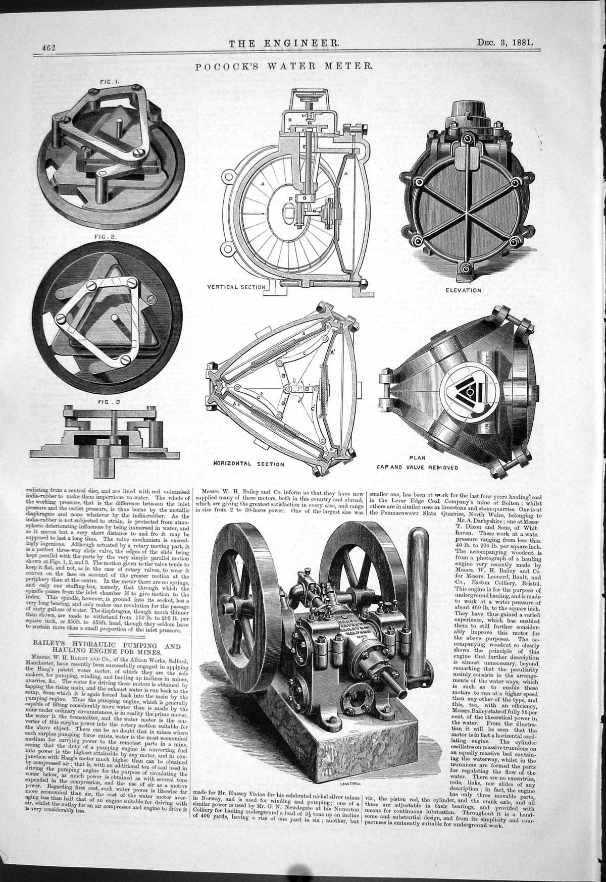 Antique Print 1881 Pocock Water Meter Bailey Hydraulic Pumping Engine Mines