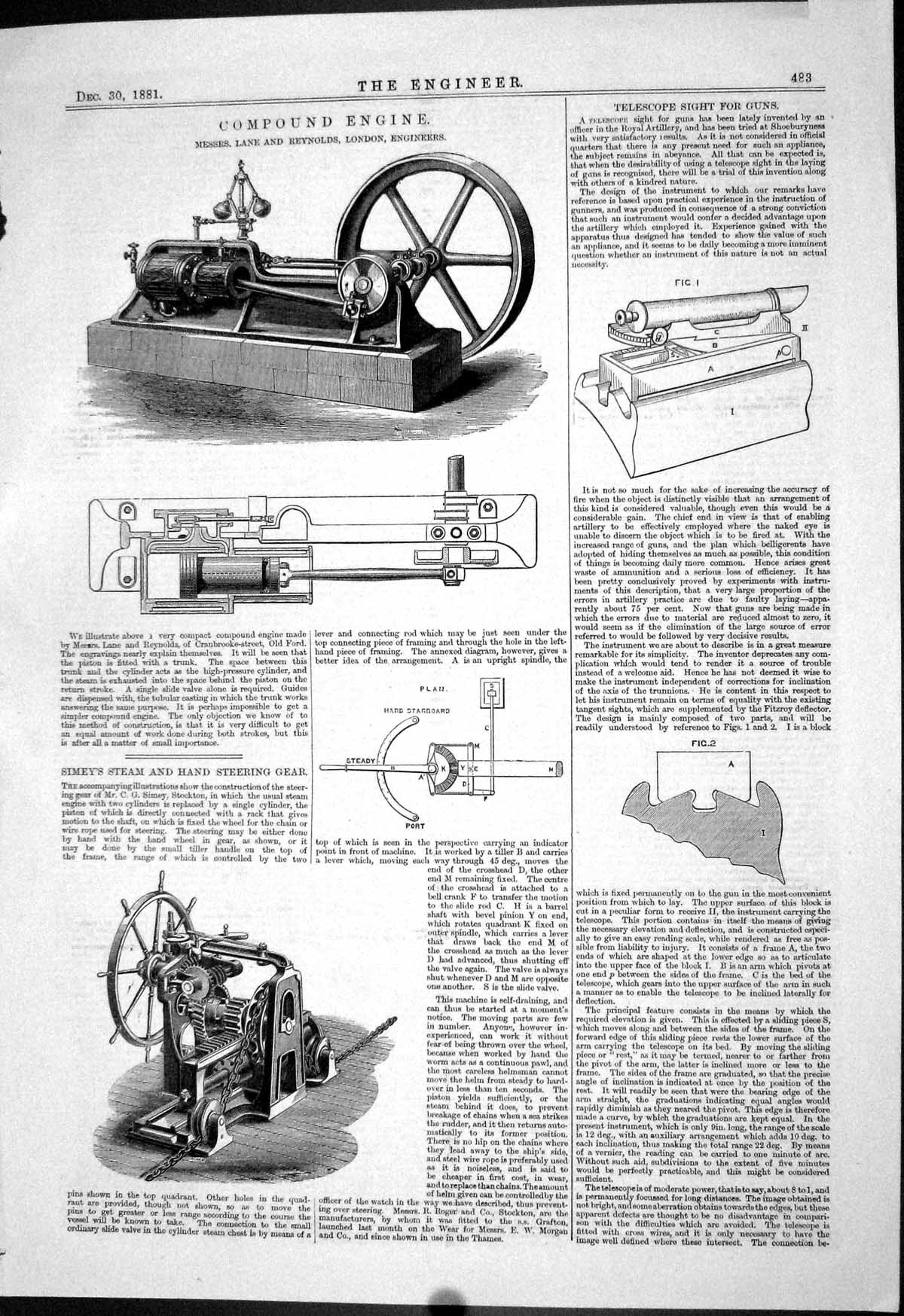 Antique Old Print Compound Engine Lane Reyns Simey Steam Steering Gear 1881