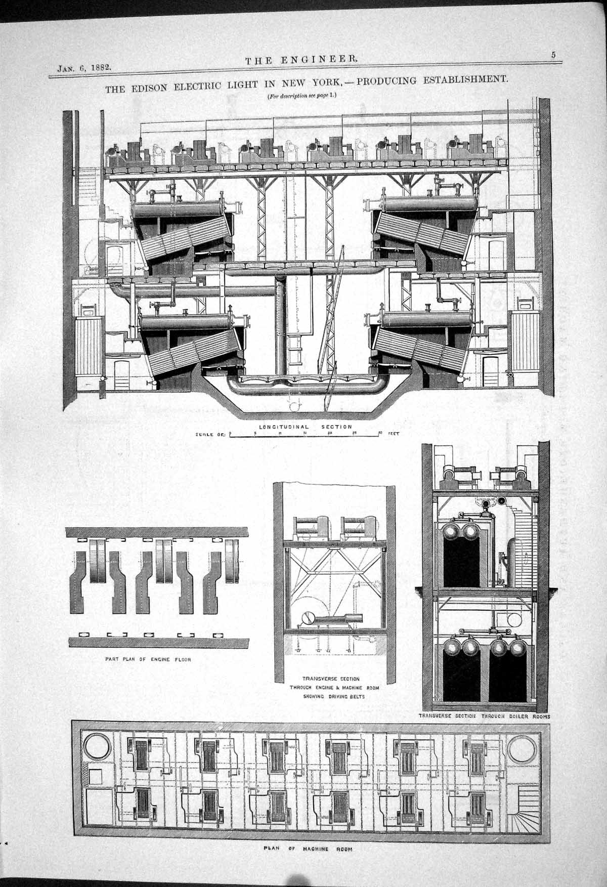 Old Edison Electric Light New York Plan Machine Room Engine Floor 188 Victorian