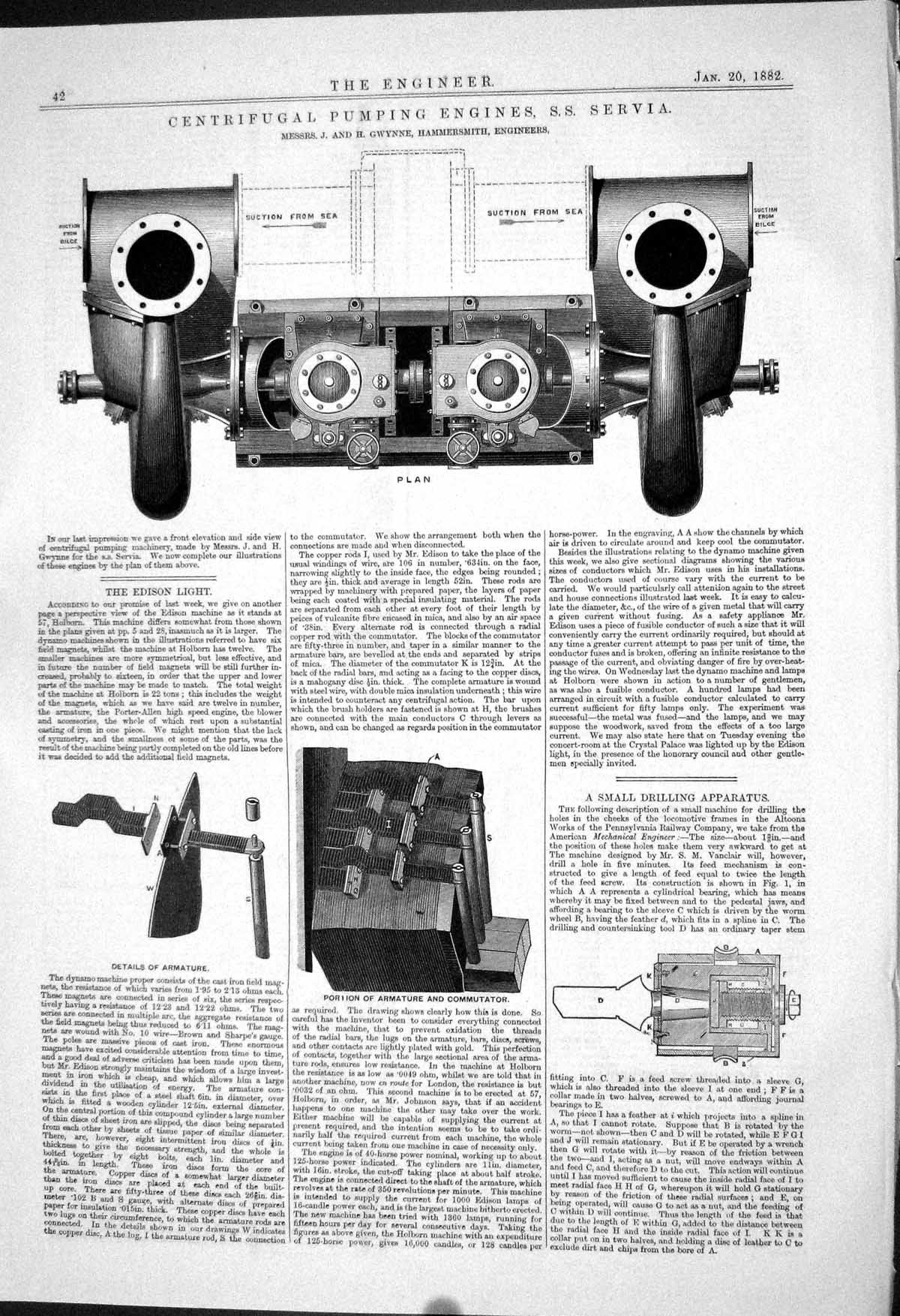 Antique Print 1882 Centrifugal Pumping Engines Servia Ship Gwynne Armature 19th