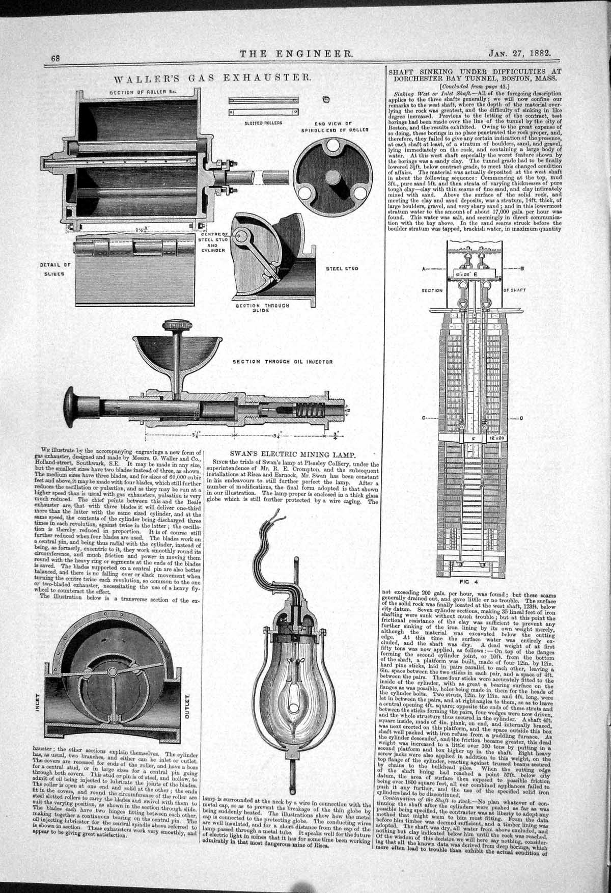 Old Print 1882 Waller Gas Exhauster Swan Electric Mining Lamp Dorchester 19th