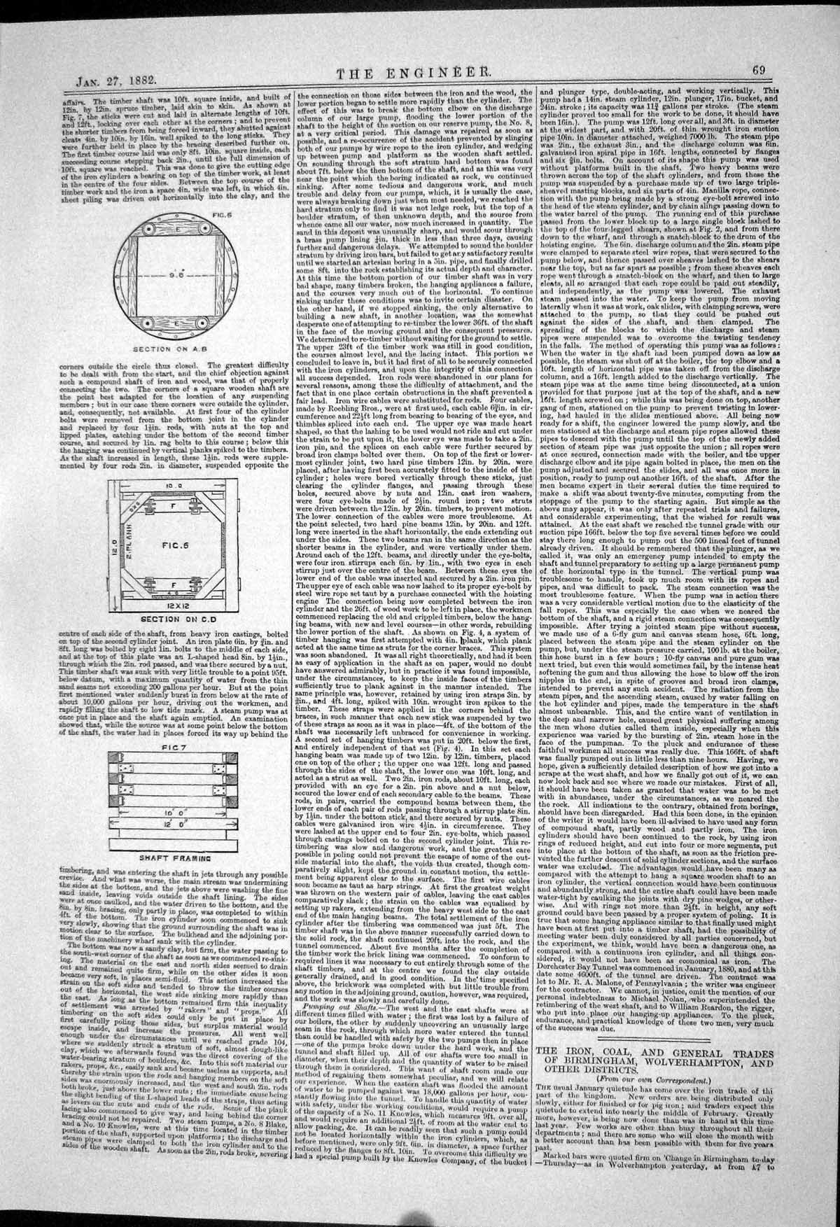 Antique Old Print Engineering 1882 Timber Shaft Framing Diagrams Machinery 19th