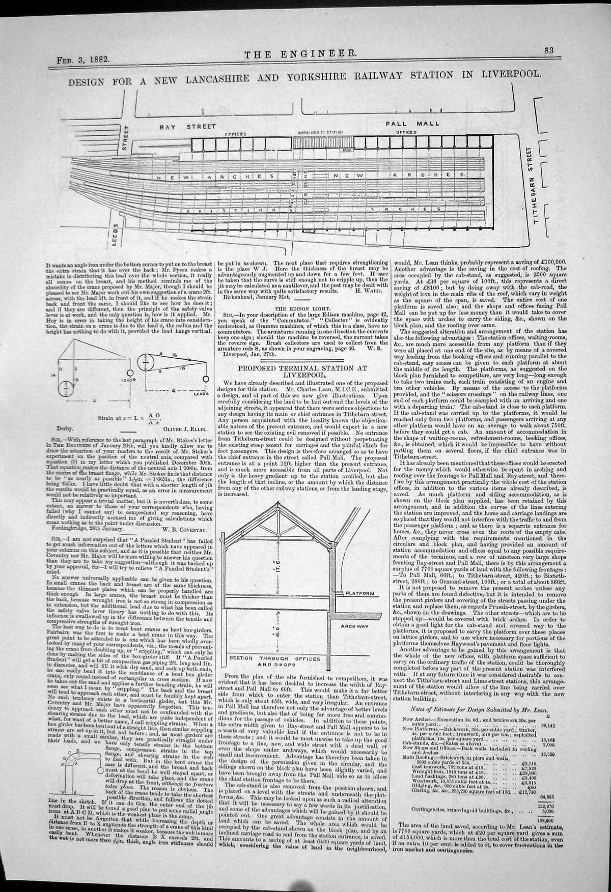 Old Print 1882 Design Lancashire Railway Station Liverpool Purlin Girder 19th
