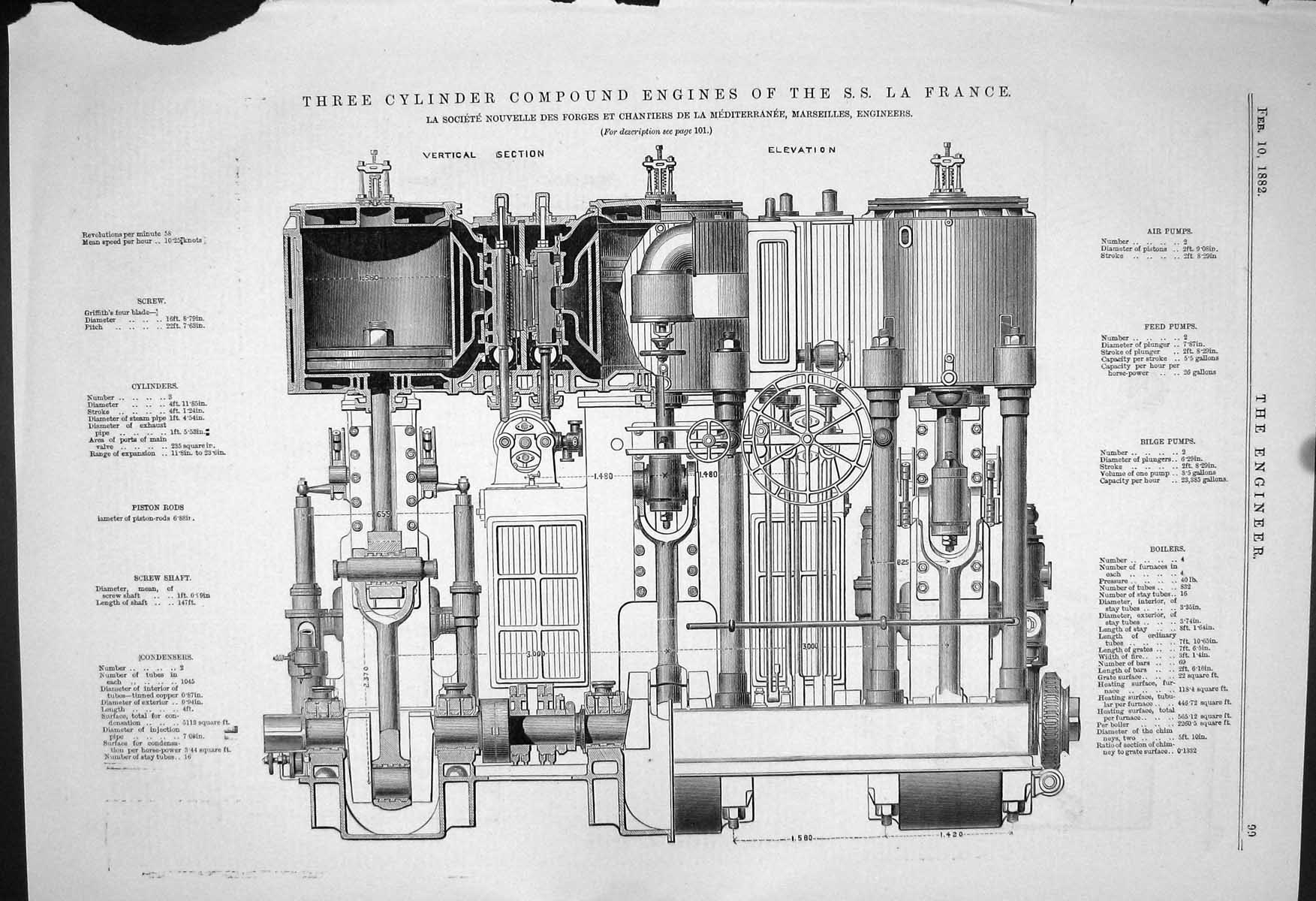 Old *6114 1882 Three Cylinder Compound Engines Ship La France Chantie