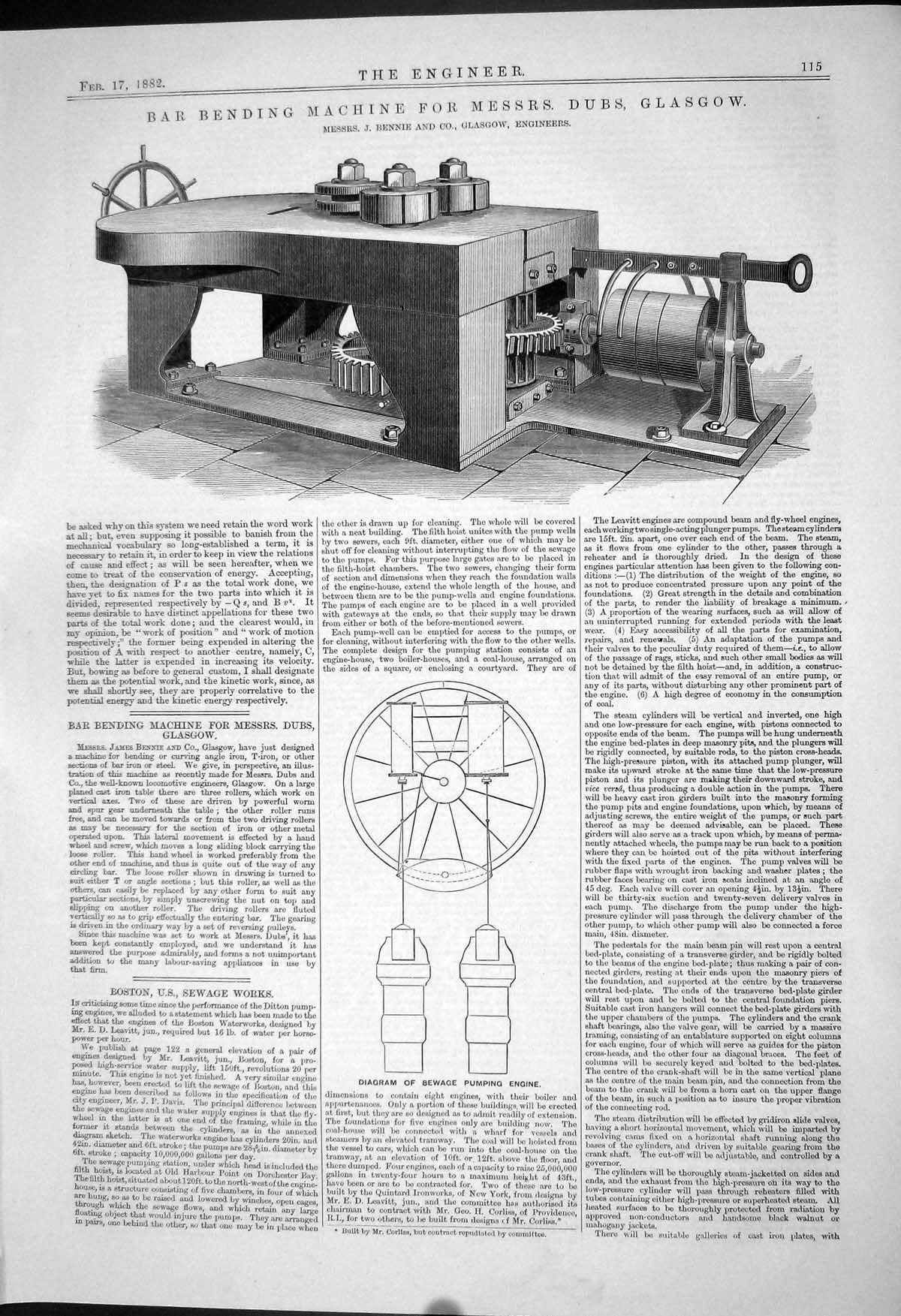 Antique Old Print Bar Bending Machine Dubs Glasgow Bennie 1882 Sewage Pumping