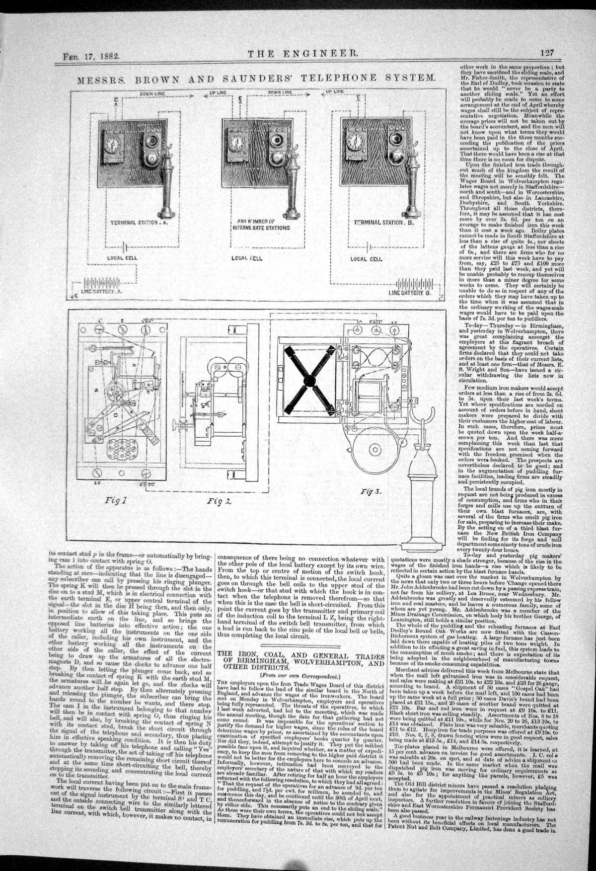 Old Print 1882 Brown Saunders Telephone System Terminal Station Diagrams 19th