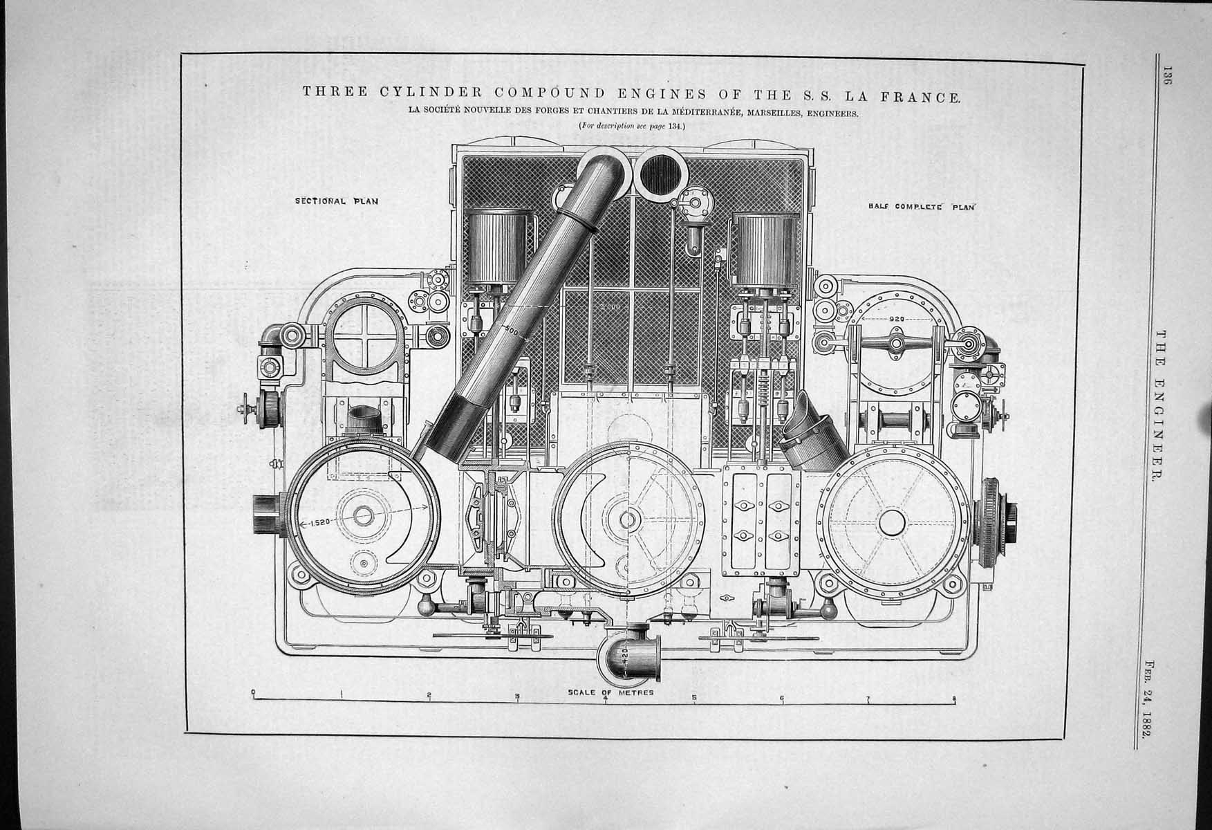 Antique Print 1882 Three Cylinder Compound Engines Ship La France Nouvelle 19th