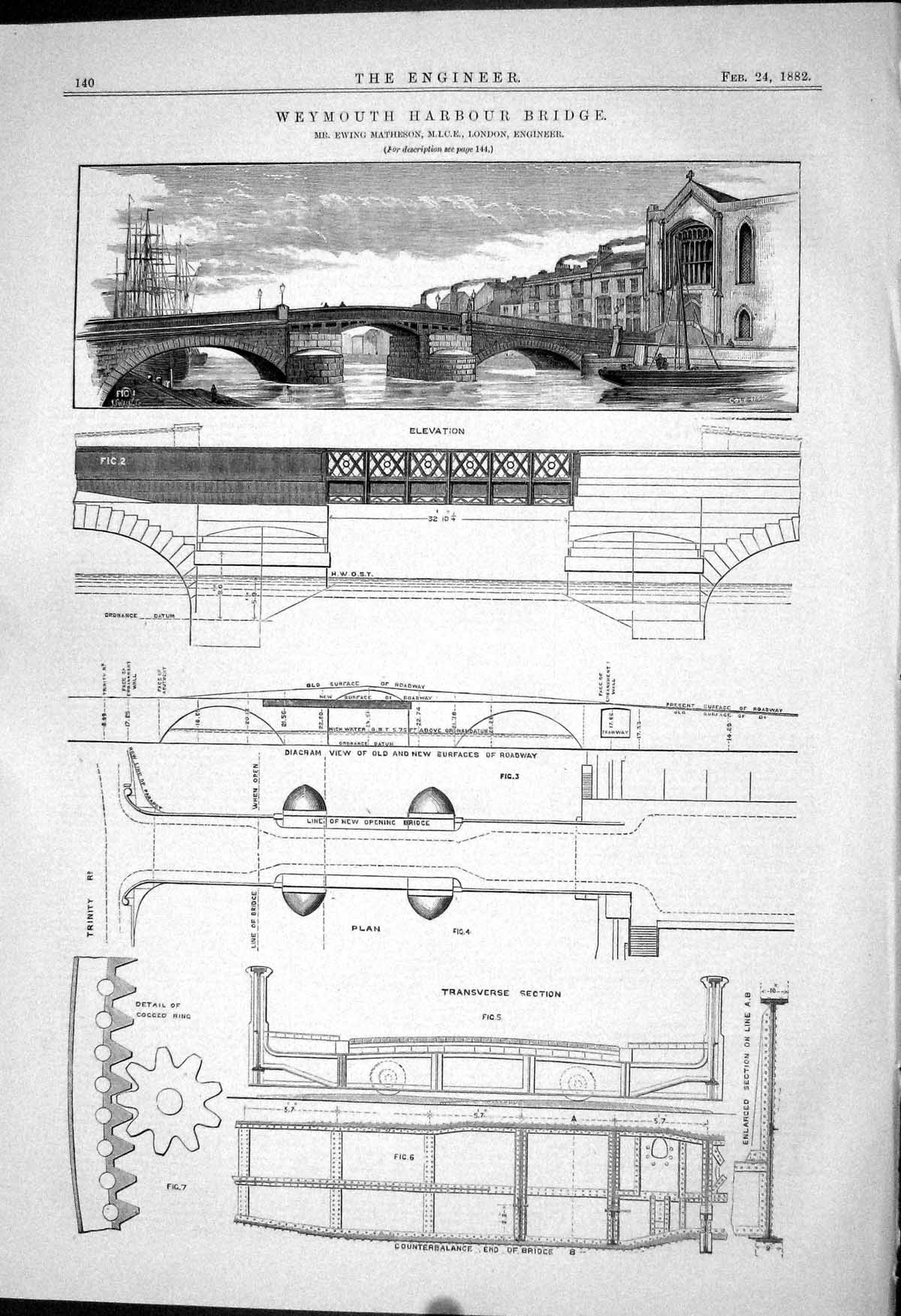 Old Print 1882 Weymouth Harbour Bridge Weing Matheson Transverse Section 19th