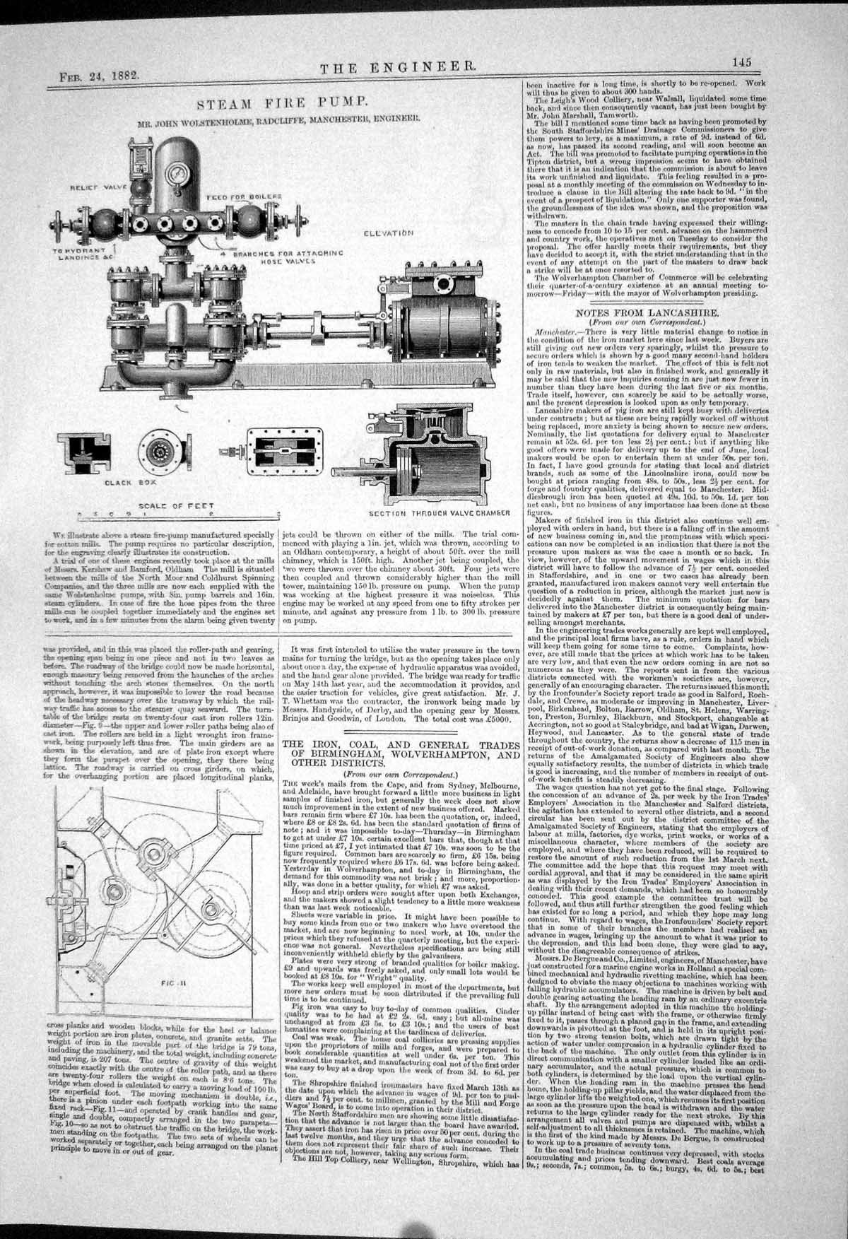 Antique Old Print 1882 Steam Fire Pump John Wolstenholme Radcliffe Machinery