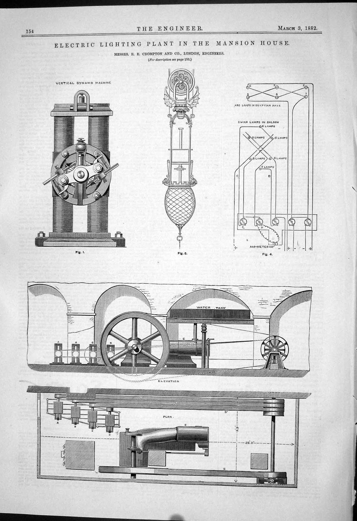 Antique Old Print Electric Lighting Plant Mansion House 1882 Crompton Dynamo