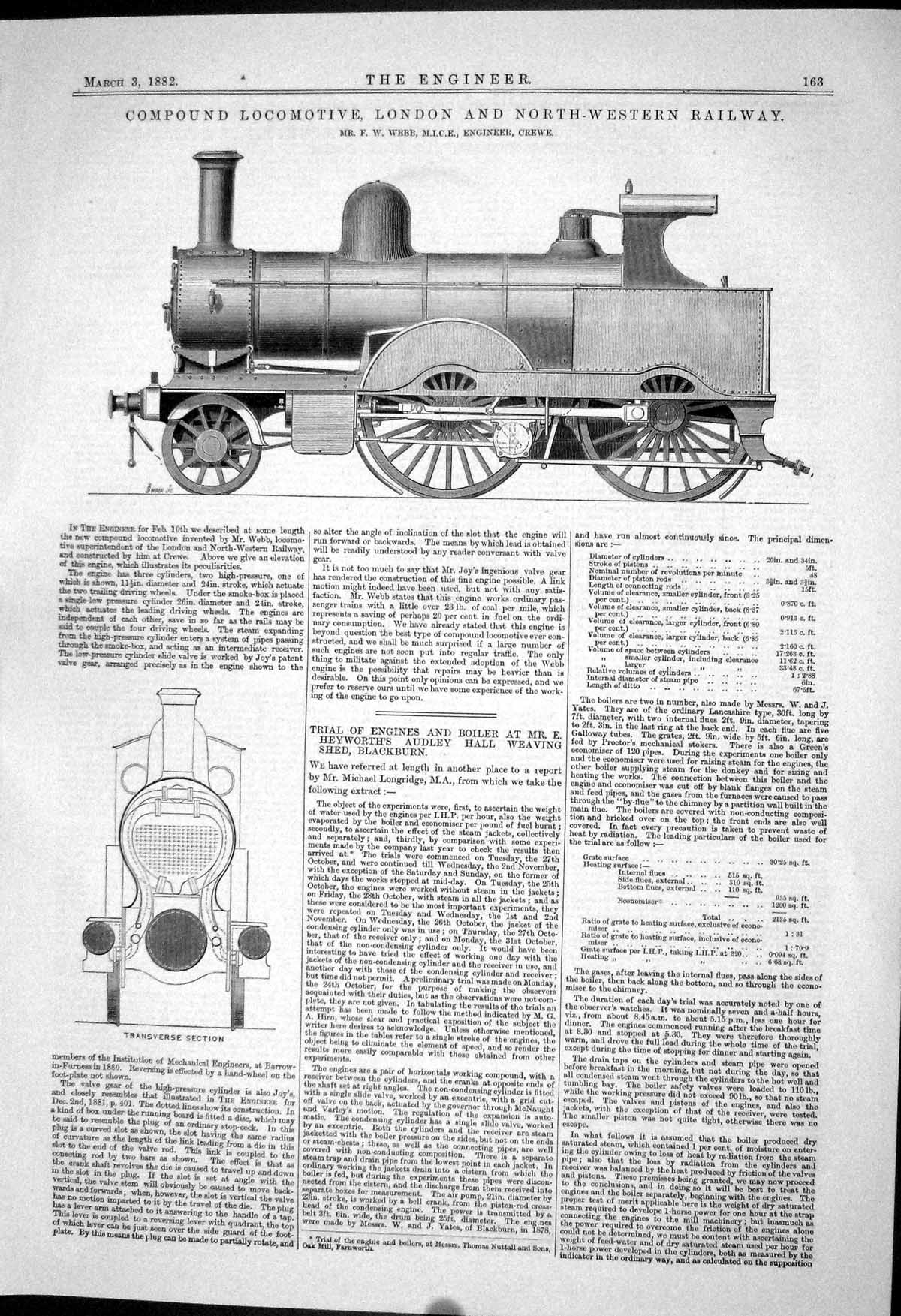Antique Old Print 1882 Compound Locomotive London Railway Webb M.I.C.E. Crewe