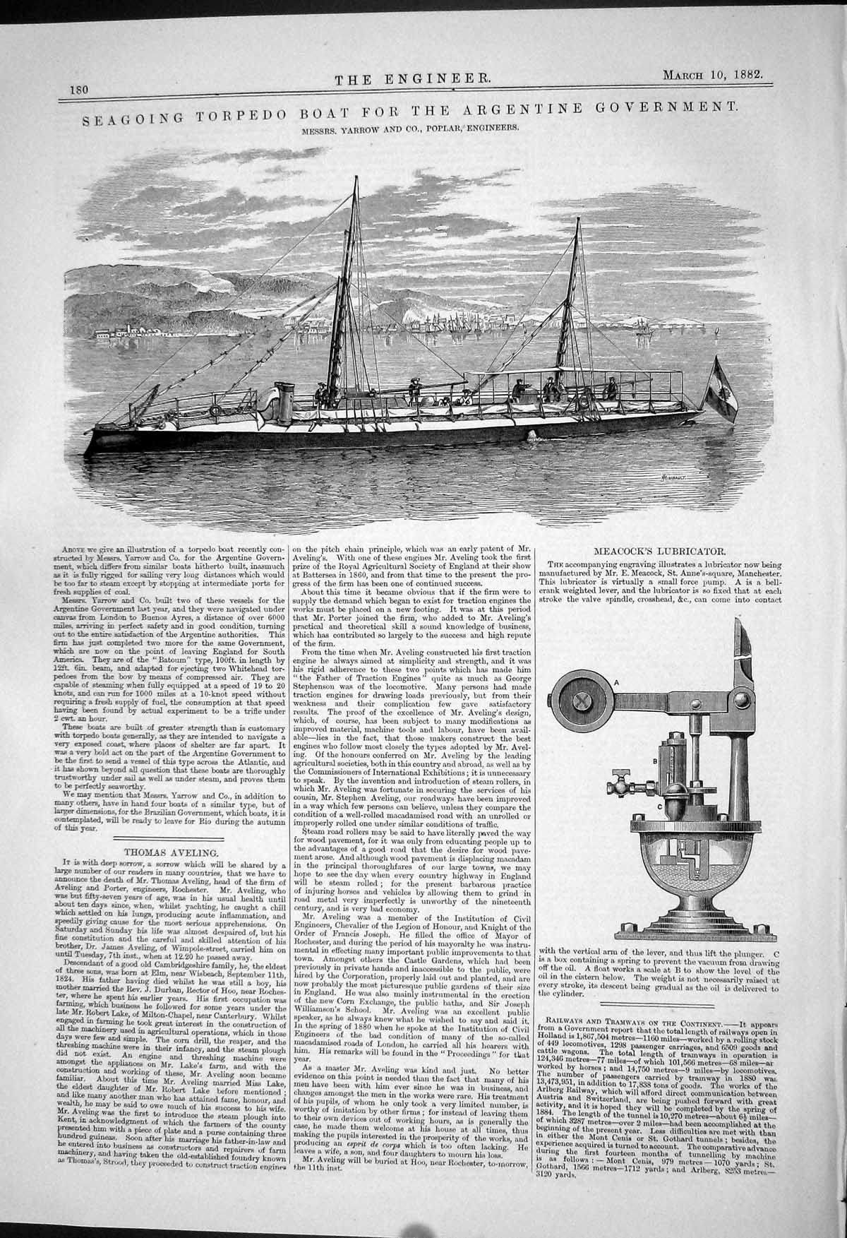 Old Print Saegoing Torpedo Boat Argentine Government Yarrow 1882 Meacock 19th