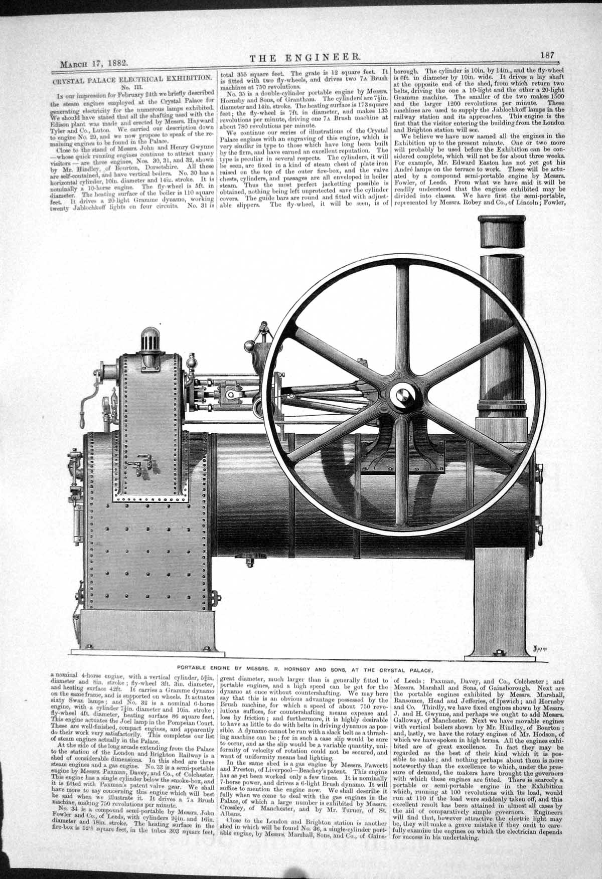 Antique Old Print 1882 Portable Engine Hornsby Sons Crystal Palace Machinery