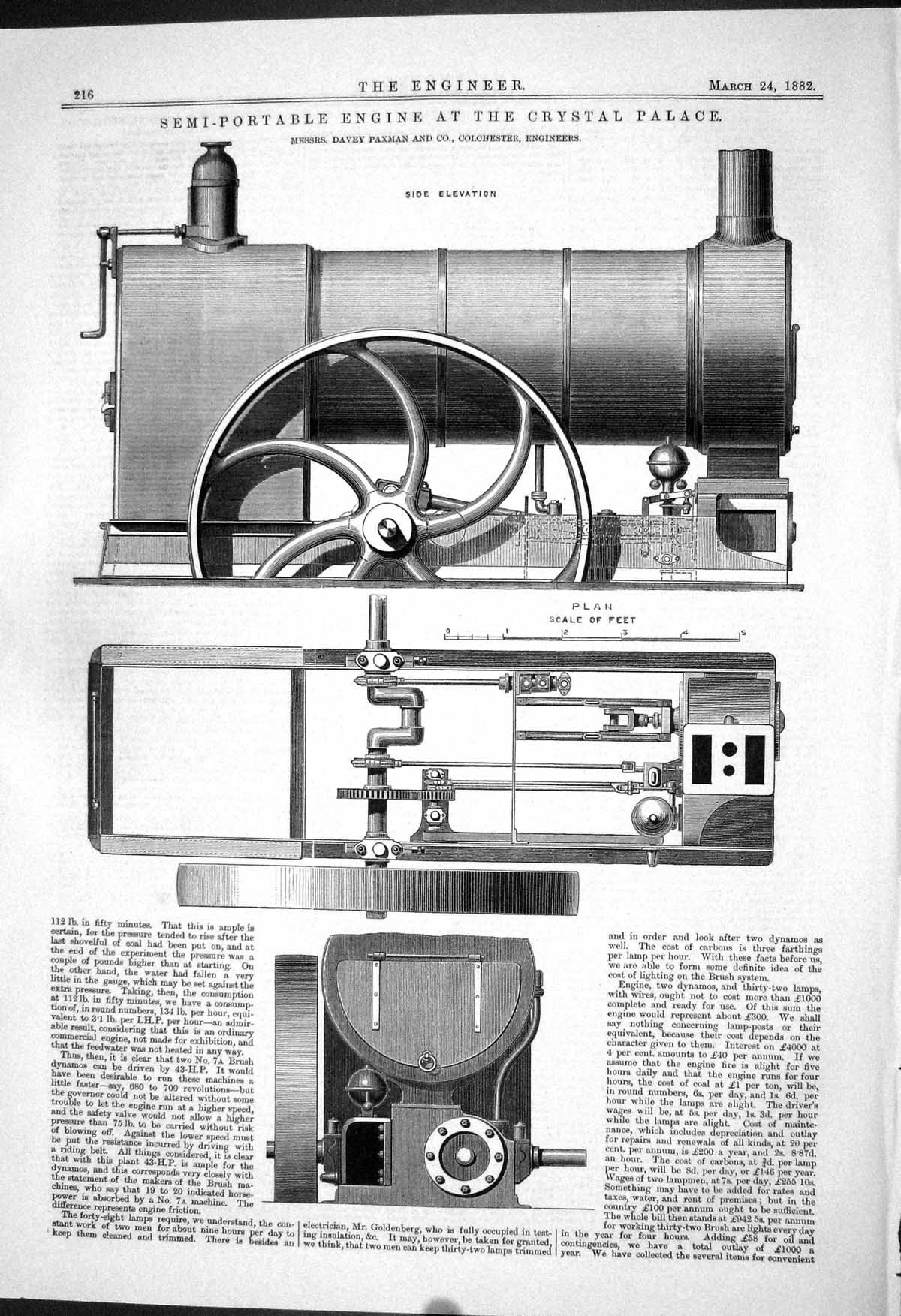 Old Print 1882 Semi-Portable Engine Crystal Palace Davey Paxman Machinery 19th