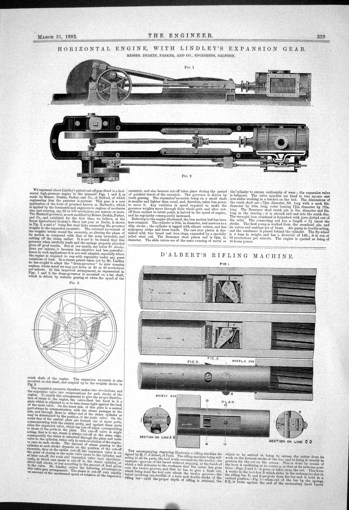 Antique Print 1882 Horizontal Engine Lindley Expansion Gear Deakin A'Albert