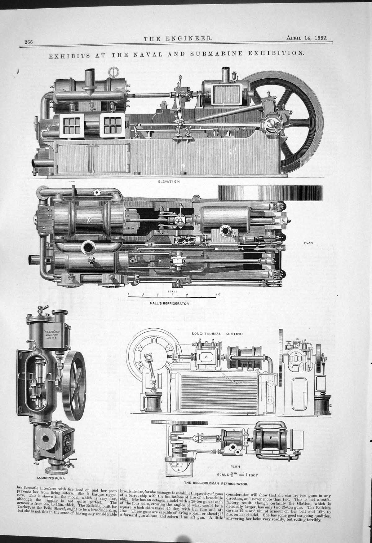 Old Print 1882 Naval Submarine Hall Refrigerator Loudon Pump Bell-Coleman 19th