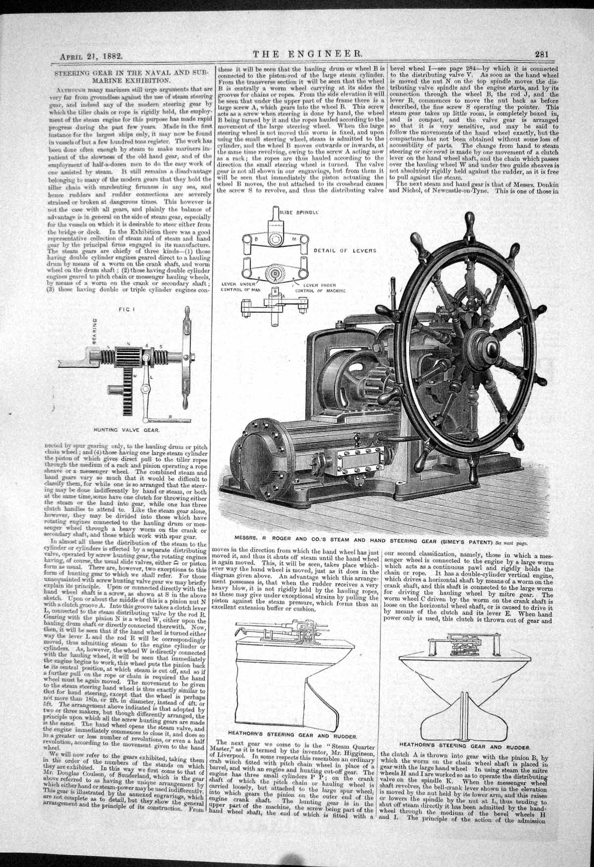 Antique Print 1882 Hunting Valve Gear Roger Simey Heathorn Steering Rudder 19th