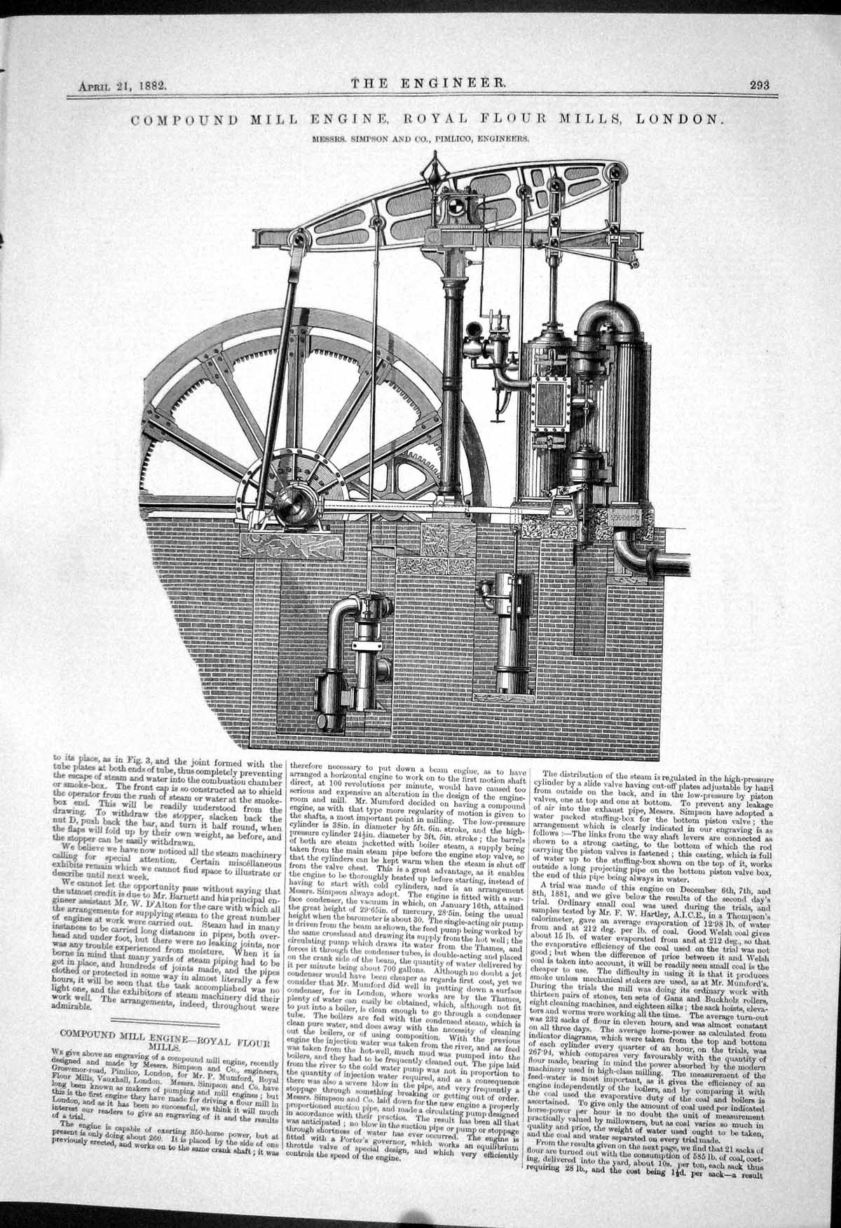 Antique Old Print Compound Mill Engine Royal Flour Mills 1882 Simpson Pimlico