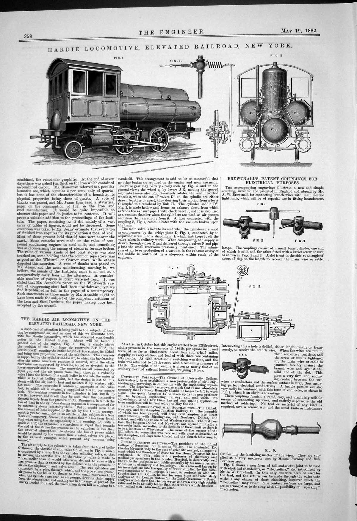 Antique Print Hardie Locomotive Elevated Railroad 1882 Brewtnall Couplings 19th