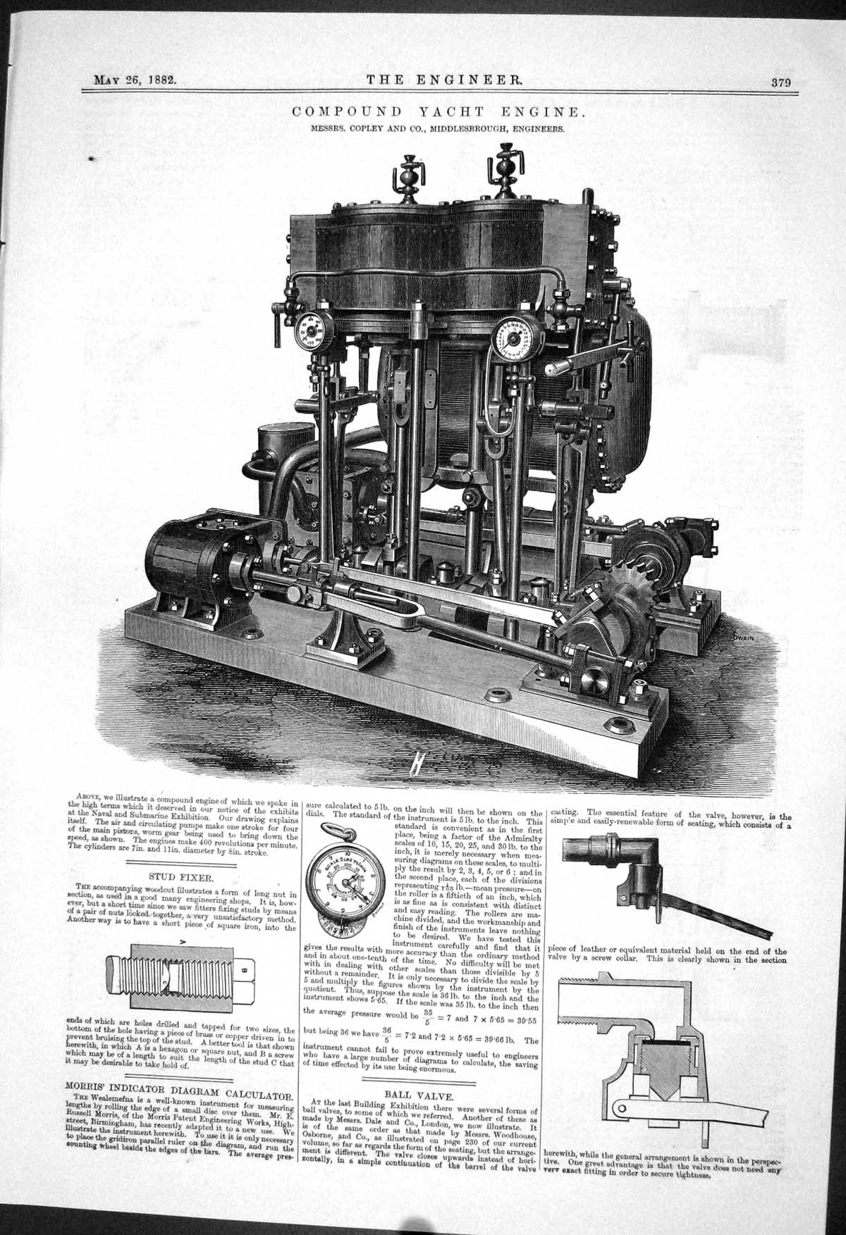 Old Print 1882 Compound Yacht Engine Copley Stud Fixer Morris Calculator 19th