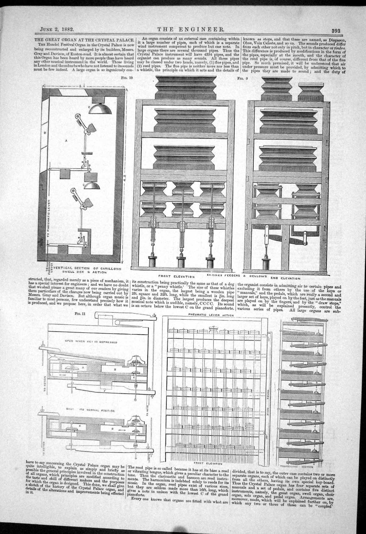 Antique Old Print 1882 Organ Crystal Palace Handel Diagrams Pneumatic Leavers