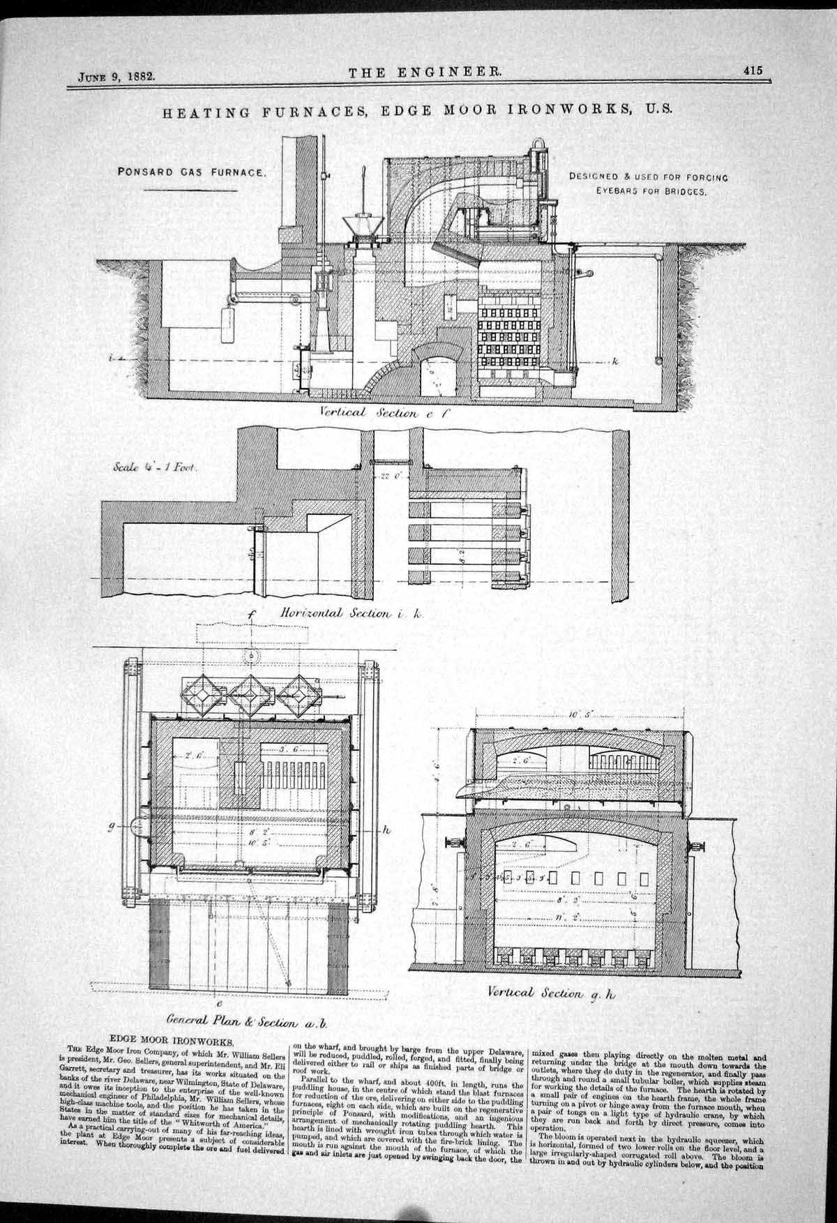 Antique Print 1882 Heating Furnaces Edge Moor Ironworks Sellers Gibb Flues 19th
