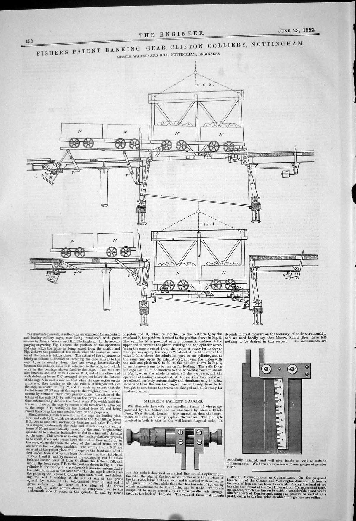 Old Print 1882 Fisher Patent Banking Gear Clifton Colliery Warsop Milner 19th