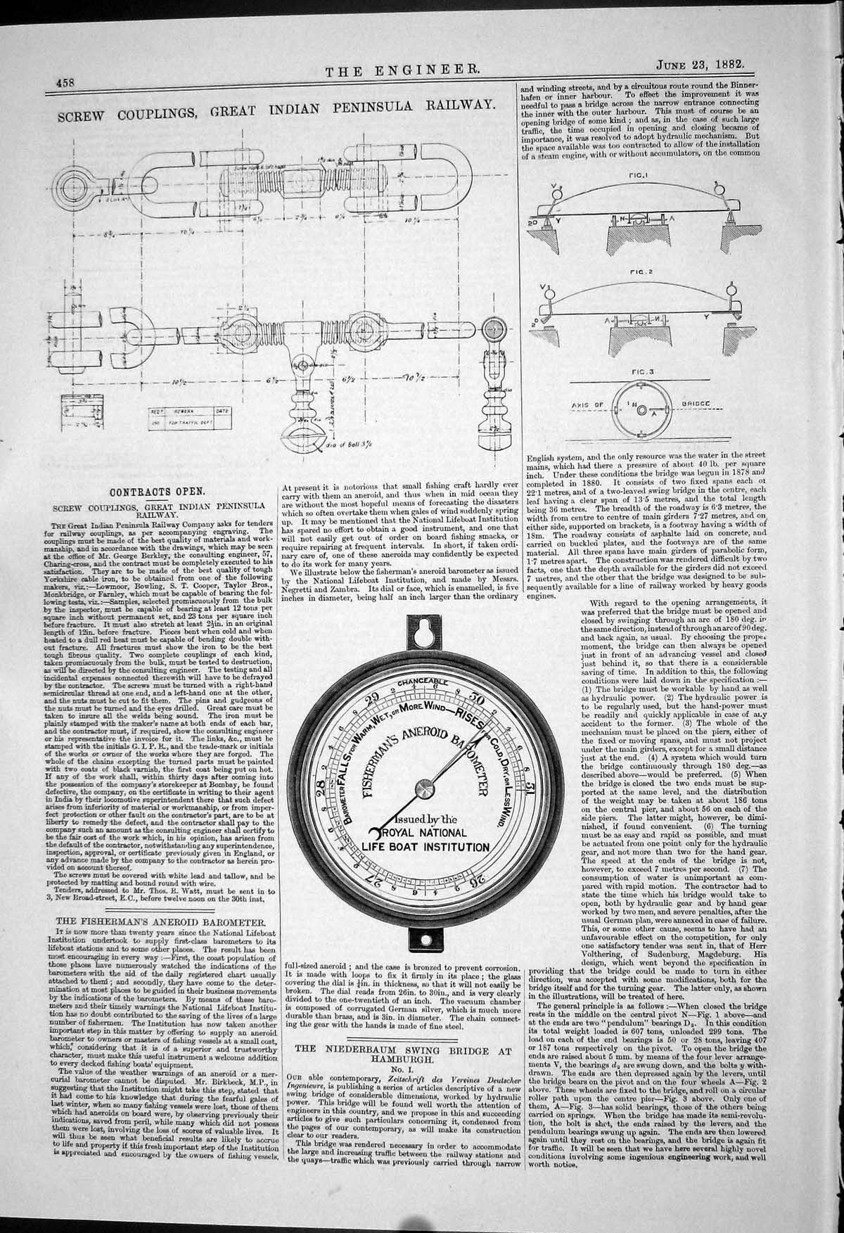 Old Print 1882 Screw Couplings Indian Railway Fisherman Aneroid Barometer 19th