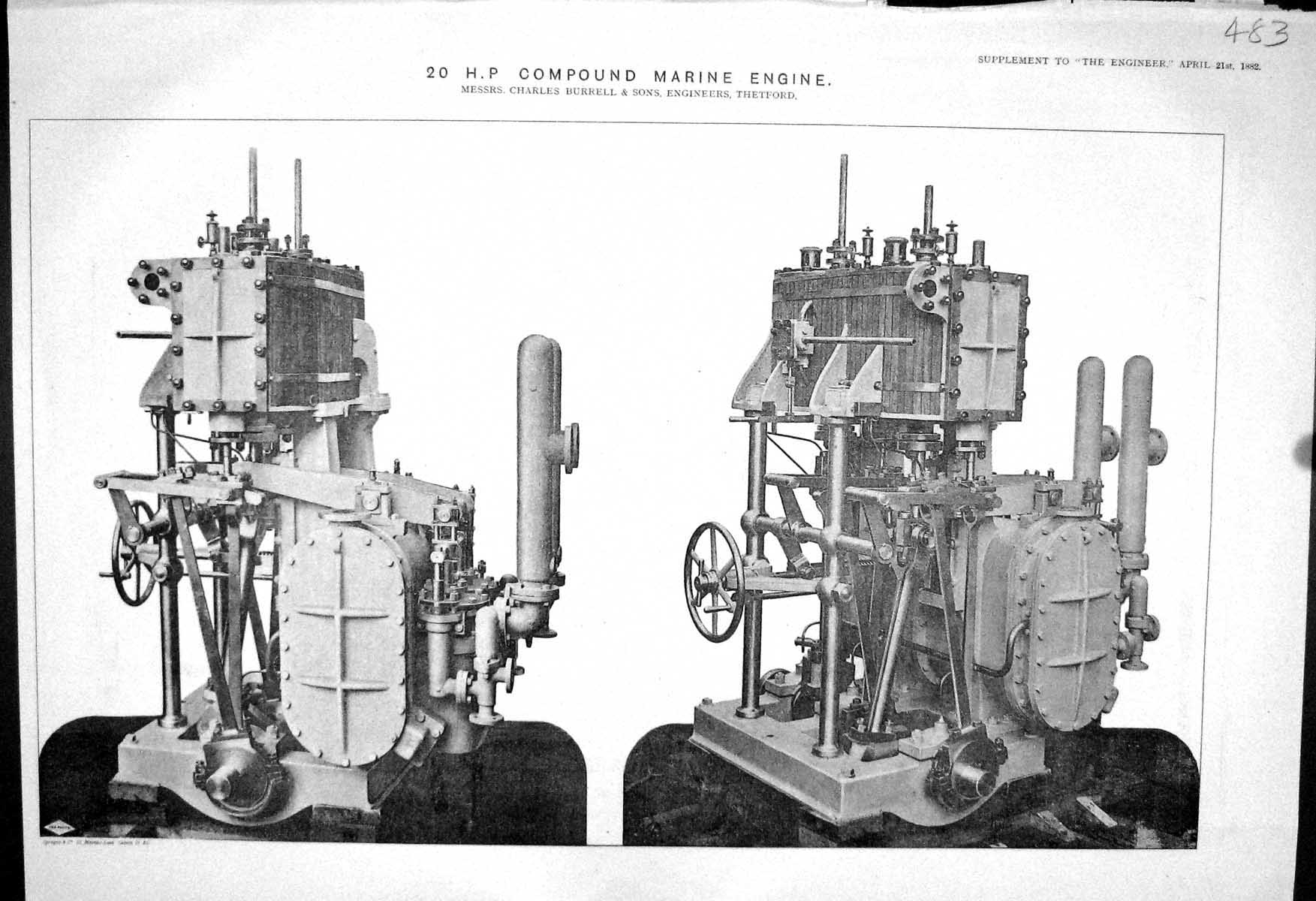 Antique Print 1882 20 H.P. Compound Marine Engine Charles Burrell Machinery