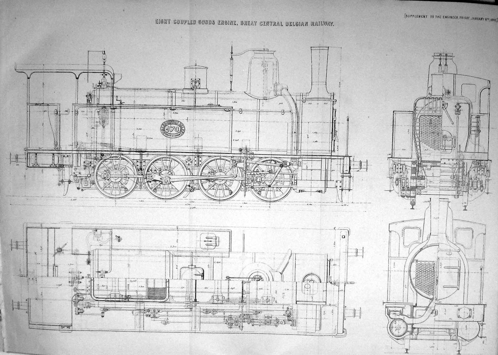 Old Print 1882 Eight Coupled Goods Engine Great Belgium Railway Diagrams 19th