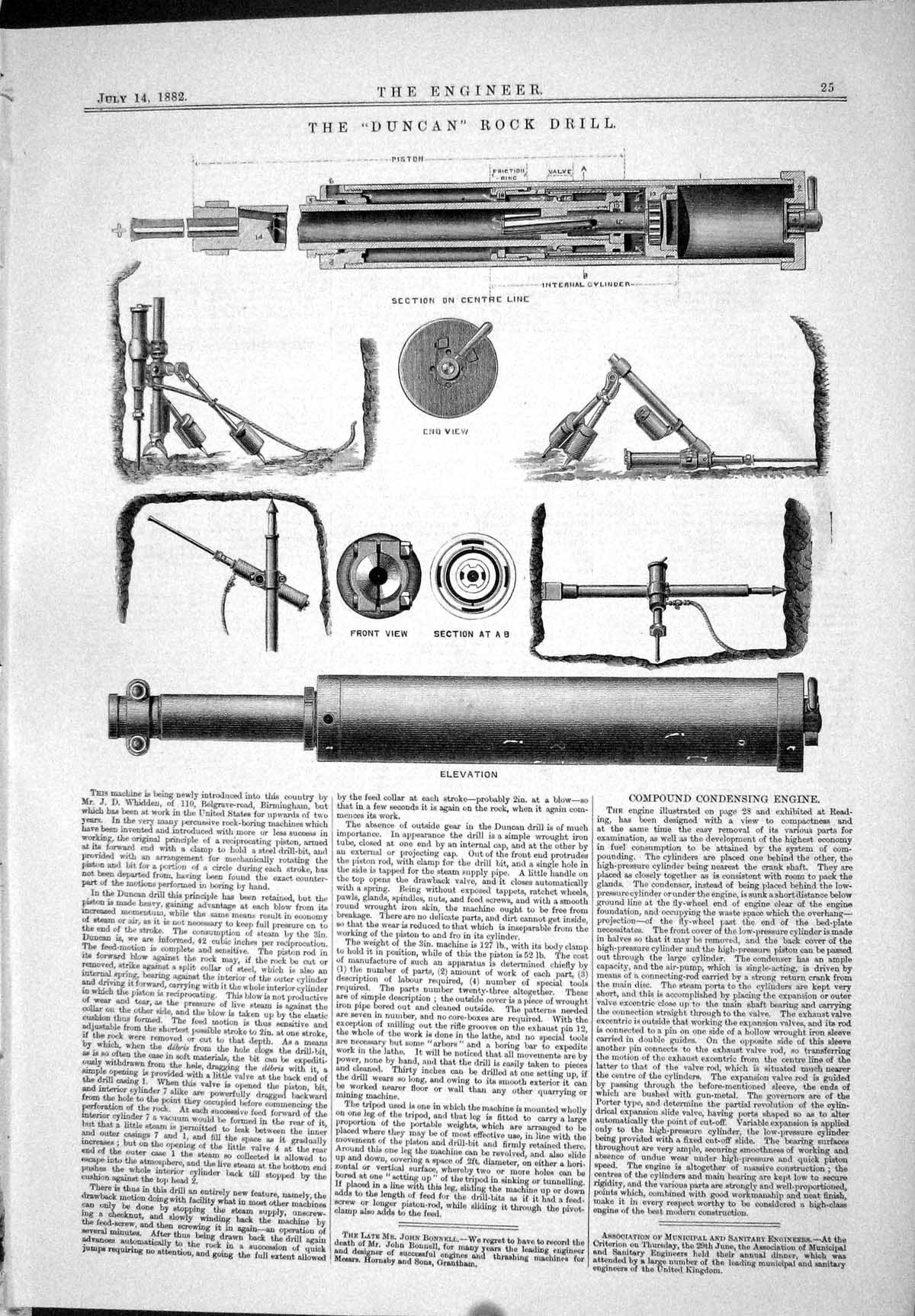 Antique Print 1882 Engineering Duncan Rock Drill Compound Condensing Engine