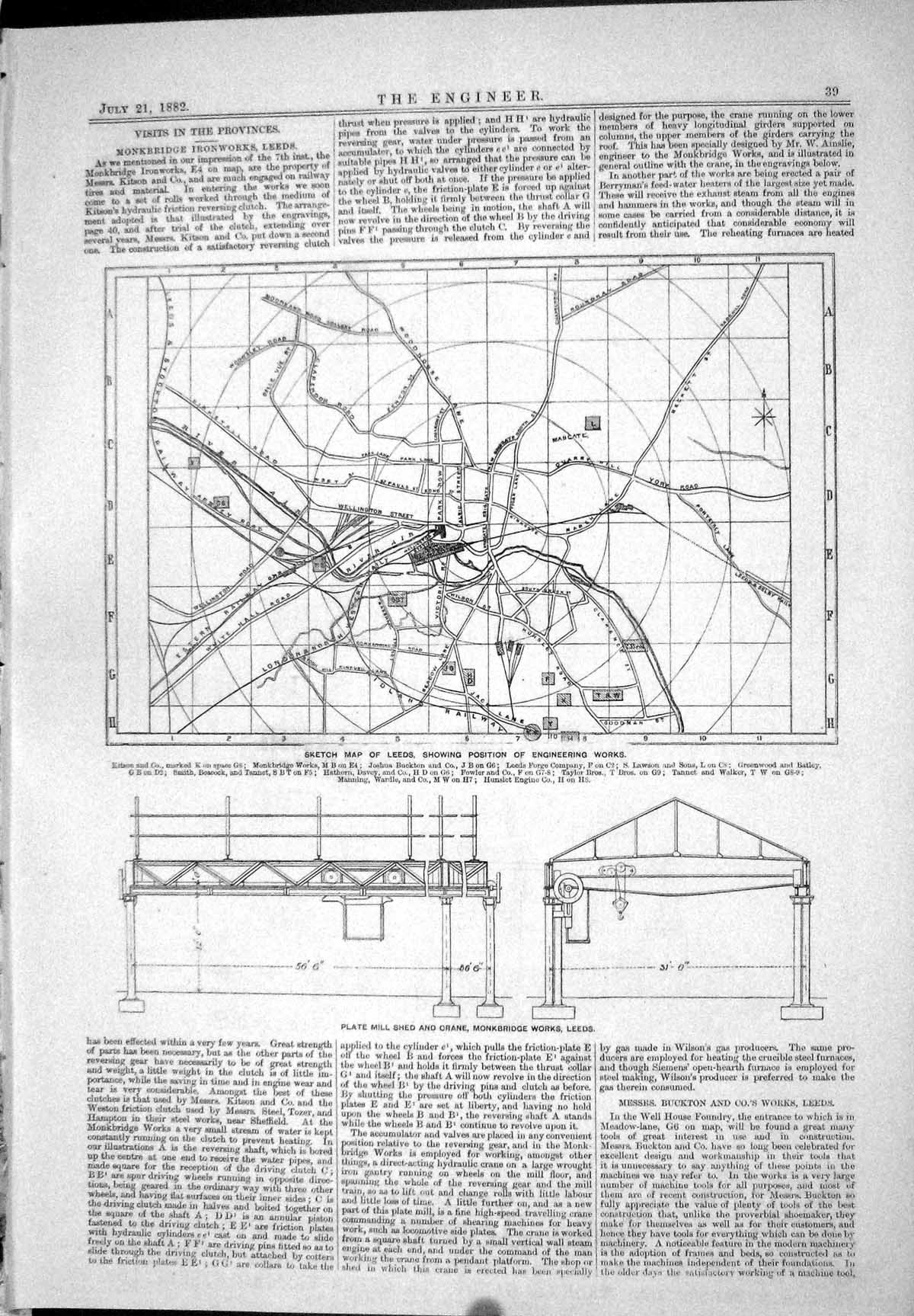 Old Print 1882 Map Leeds Mill Shed Monkbridge Walworth Nicholson Margrett 19th