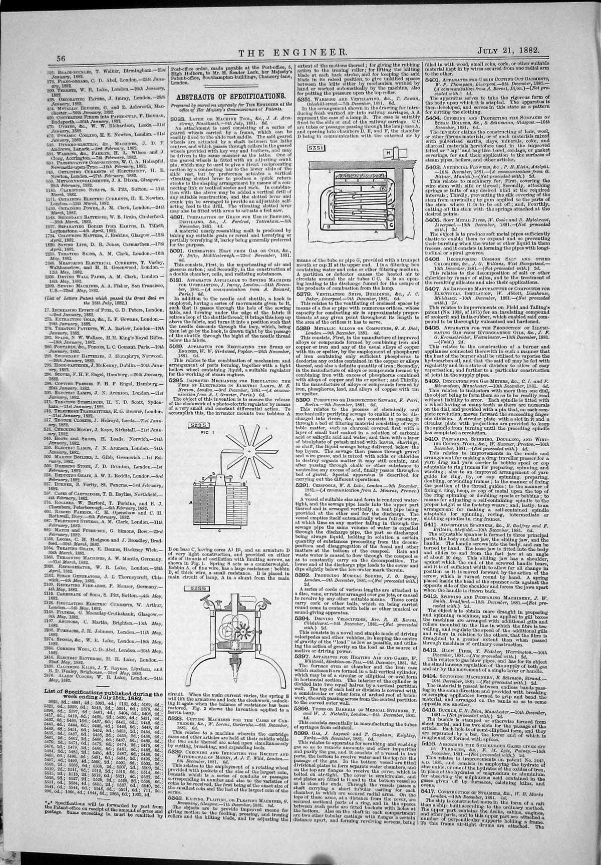 Old 1882 Engineering Patents Newton Ventilating Rowan Pitkin Holt Tay Victorian