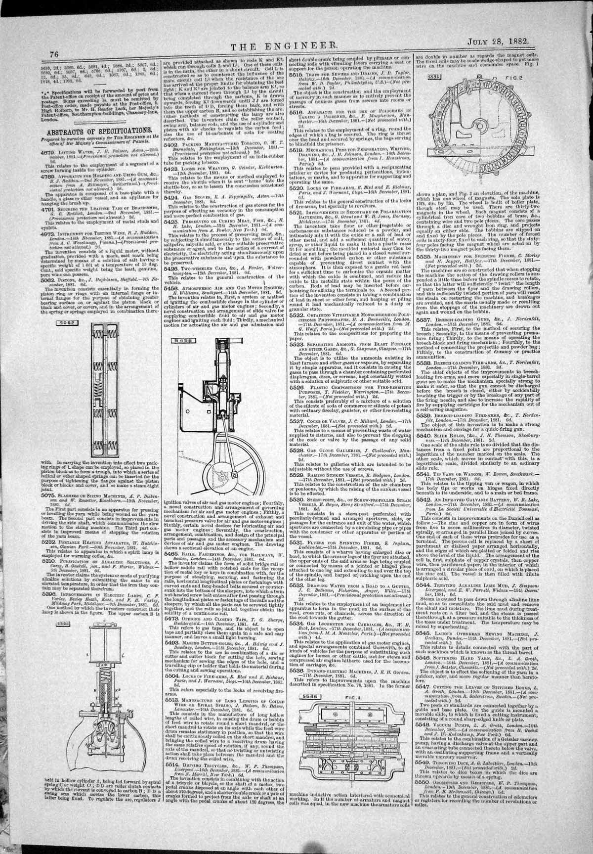 Antique Print 1882 Patents Hopkinson Varley Williams Gordon Mills Dickinson