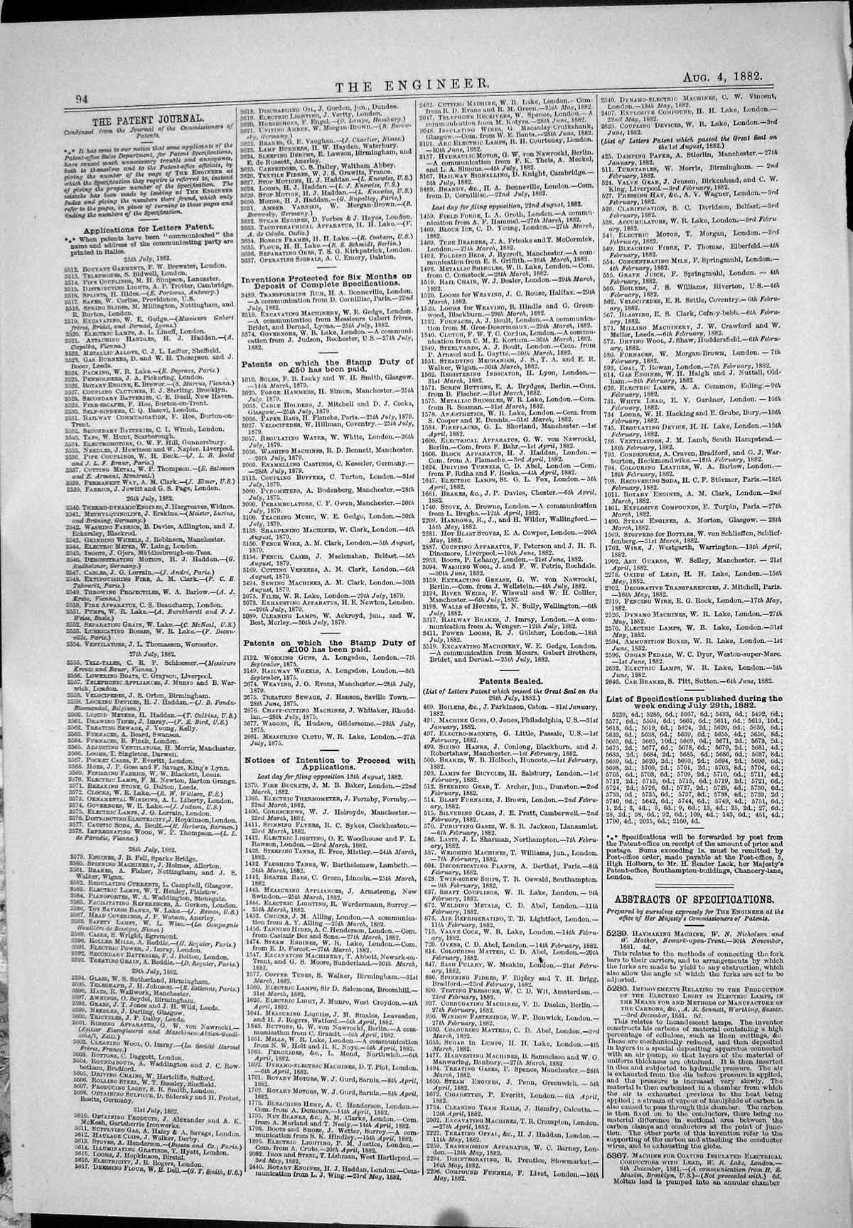 Old 1882 Engineering Patents Mills Edwards Richardson Wright Lake Dyn Victorian