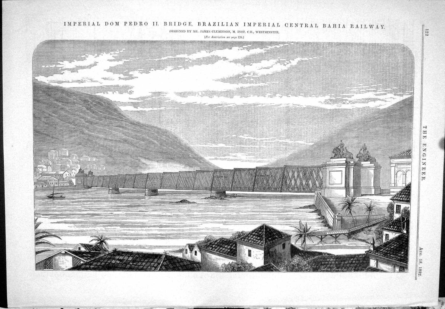 Old Print 1882 Don Pedro Bridge Brazilian Central Railway James Cleminson 19th